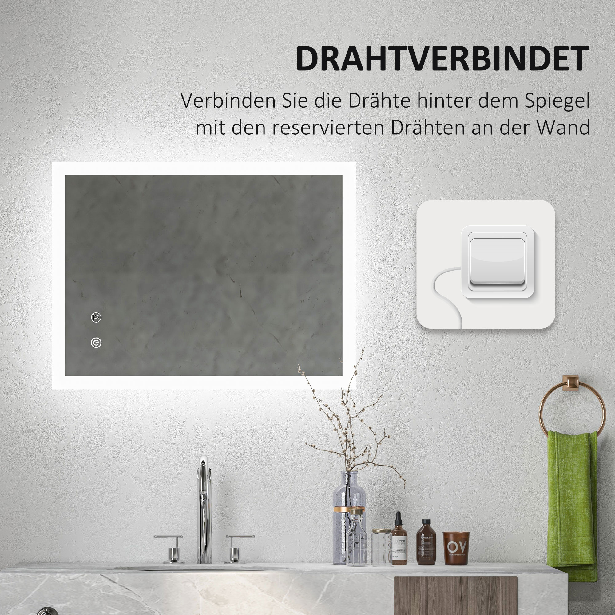 LED Badezimmerspiegel, Hintergrundbeleuchtung, Touch-Funktion, Memory-Funktion, kein Beschlagen, 80 x 60 cm
