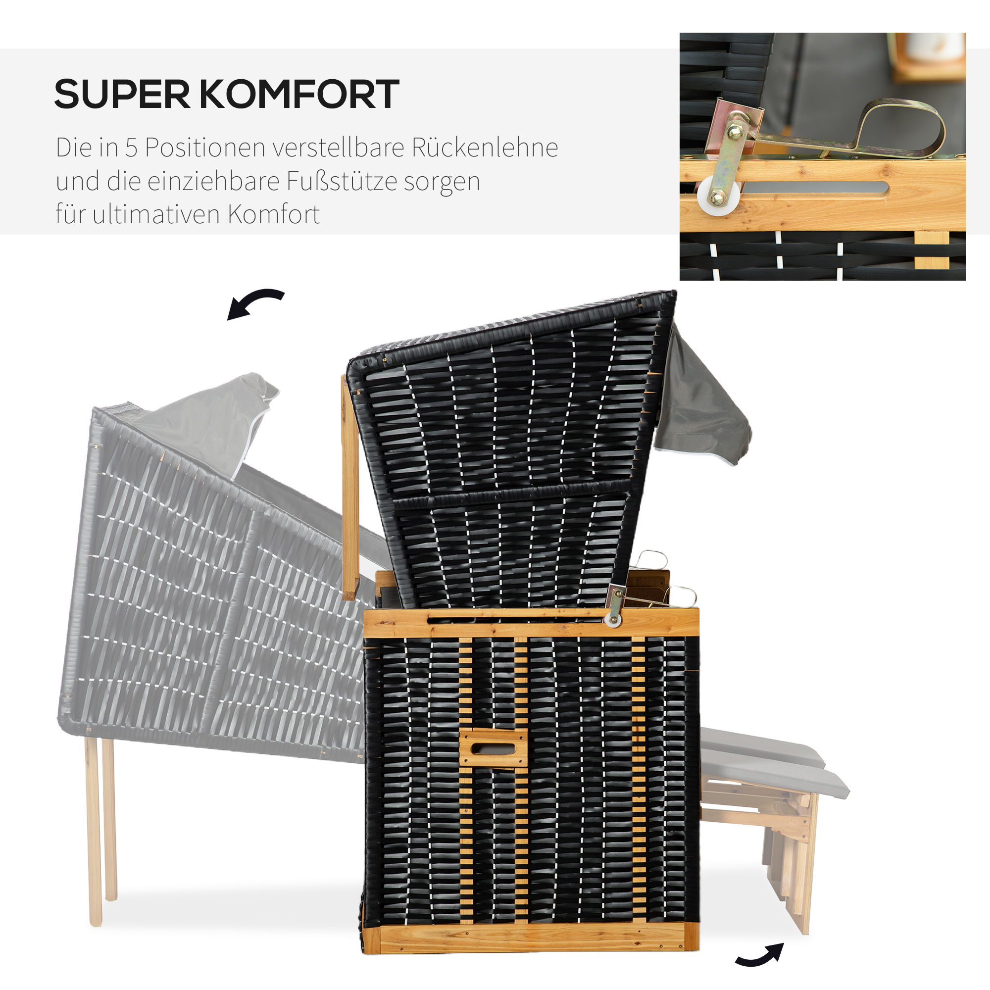 Strandkorb für 2 Personen, inkl, Kissen, Nackenrolle und Fußstützen, wetterbeständig, hellgrau