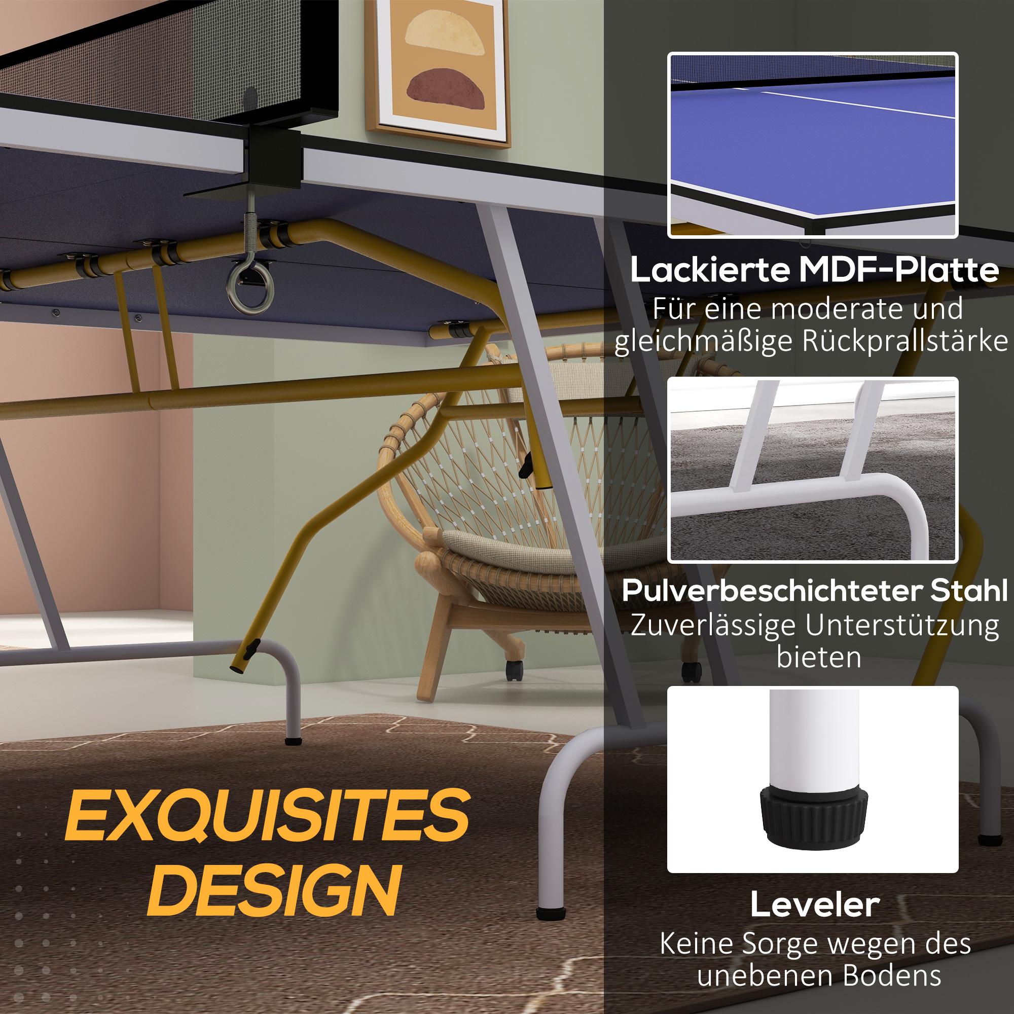 Tischtennisplatte, klappbar, inkl. 2 Schläger, 3 Bälle, Netz, In- & Outdoor, Metallgestell, 274x152x76cm, Blau