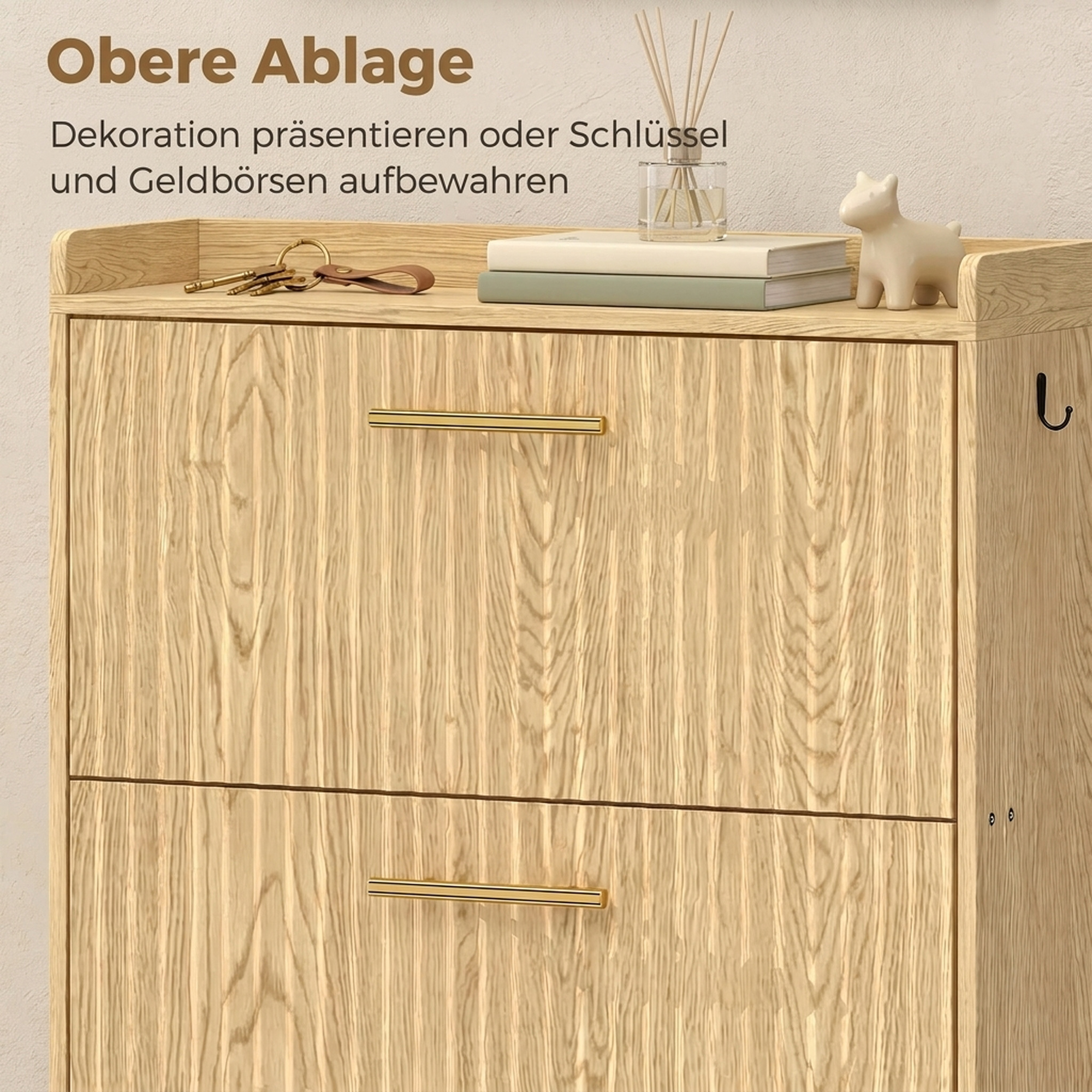 schmaler Schuhschrank mit Klappdesign und 3 Fächern, hellbraun