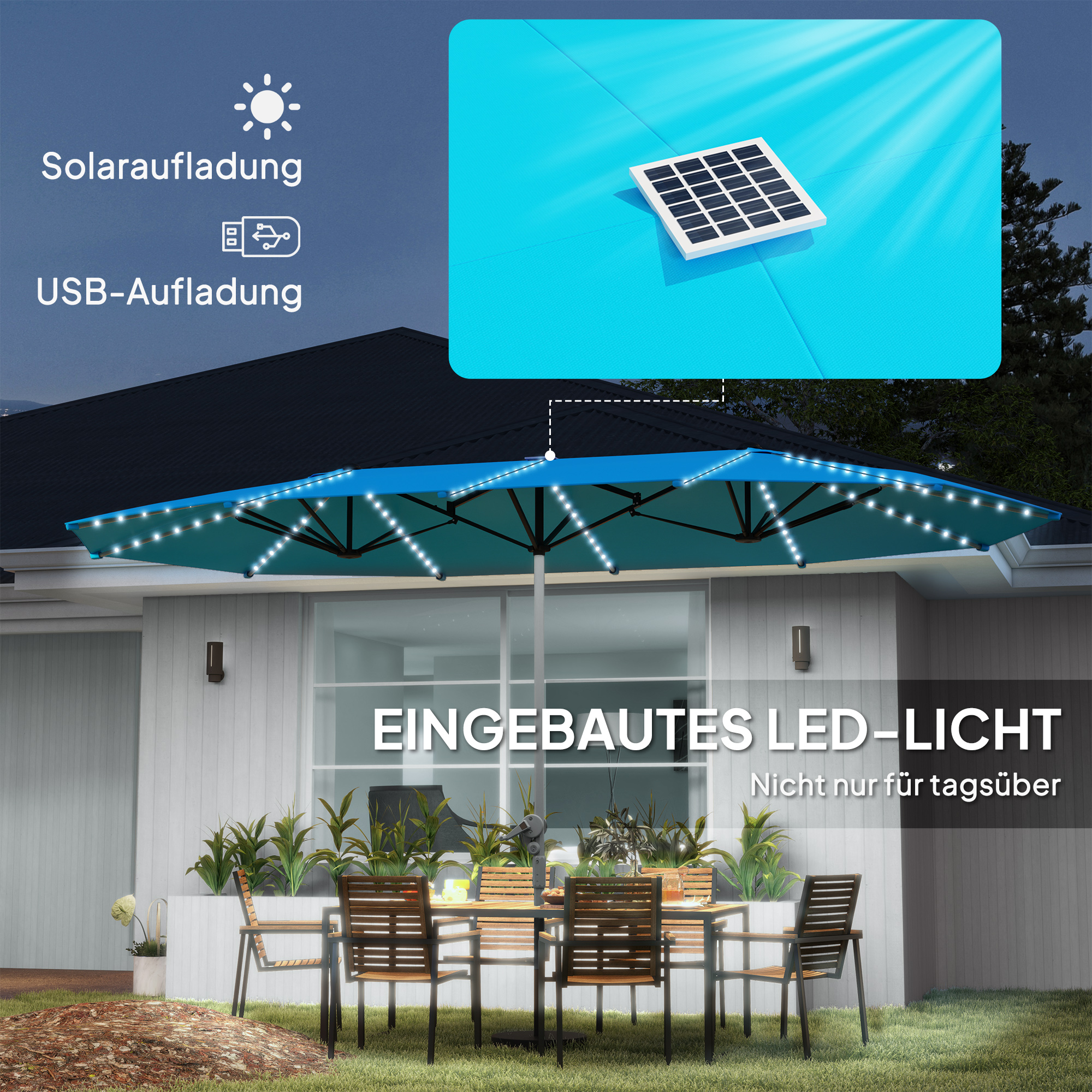 Doppelschirm mit Solar-Lichtern, Aluminium, Polyester, UPF50+ Schutz, UV-beständig, Terrassenschirm, Blau