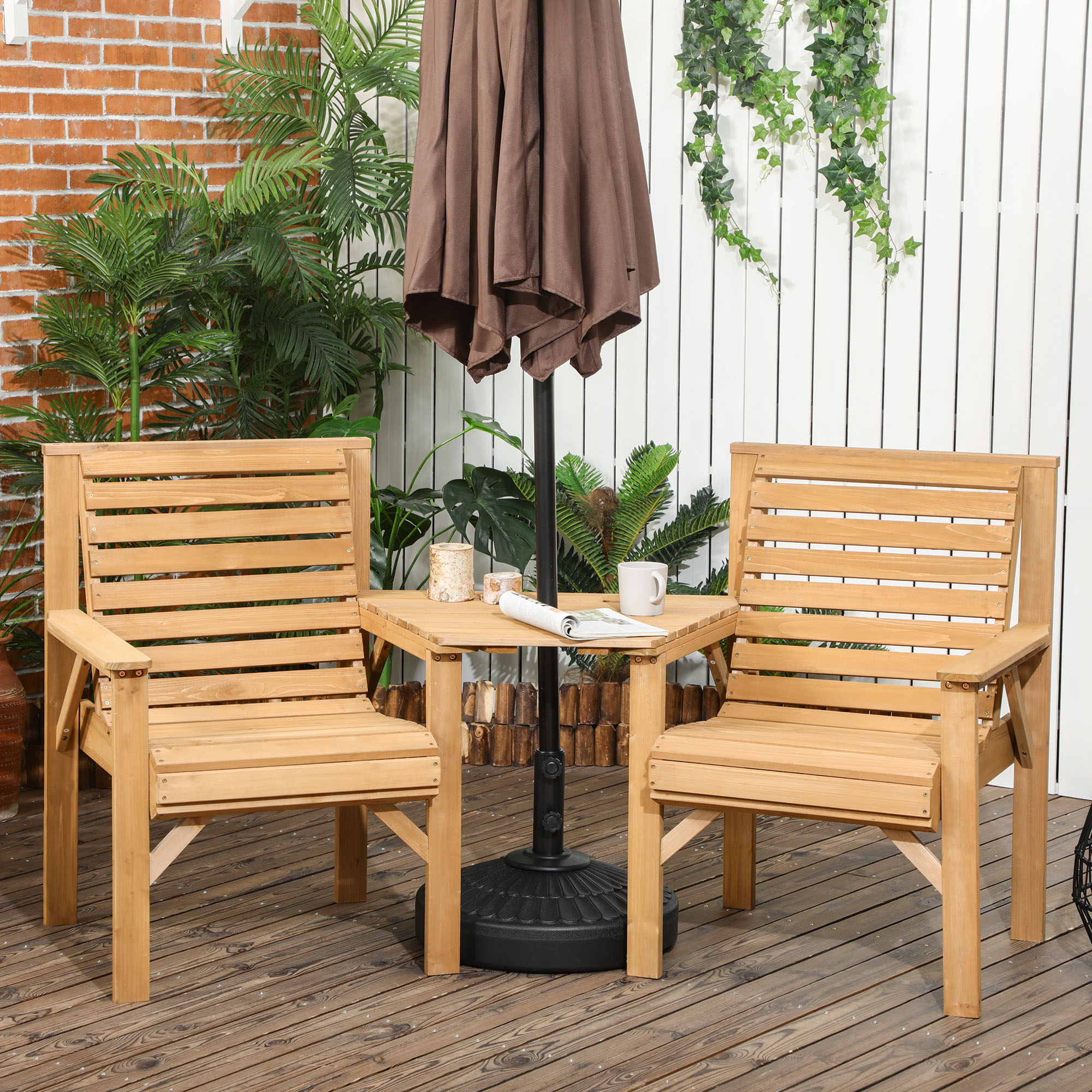 Bistro-Set 3-teilig aus Holz Wetterfest Gartenmöbel Set mit Lamellendesign Sonnenschirmloch Braun