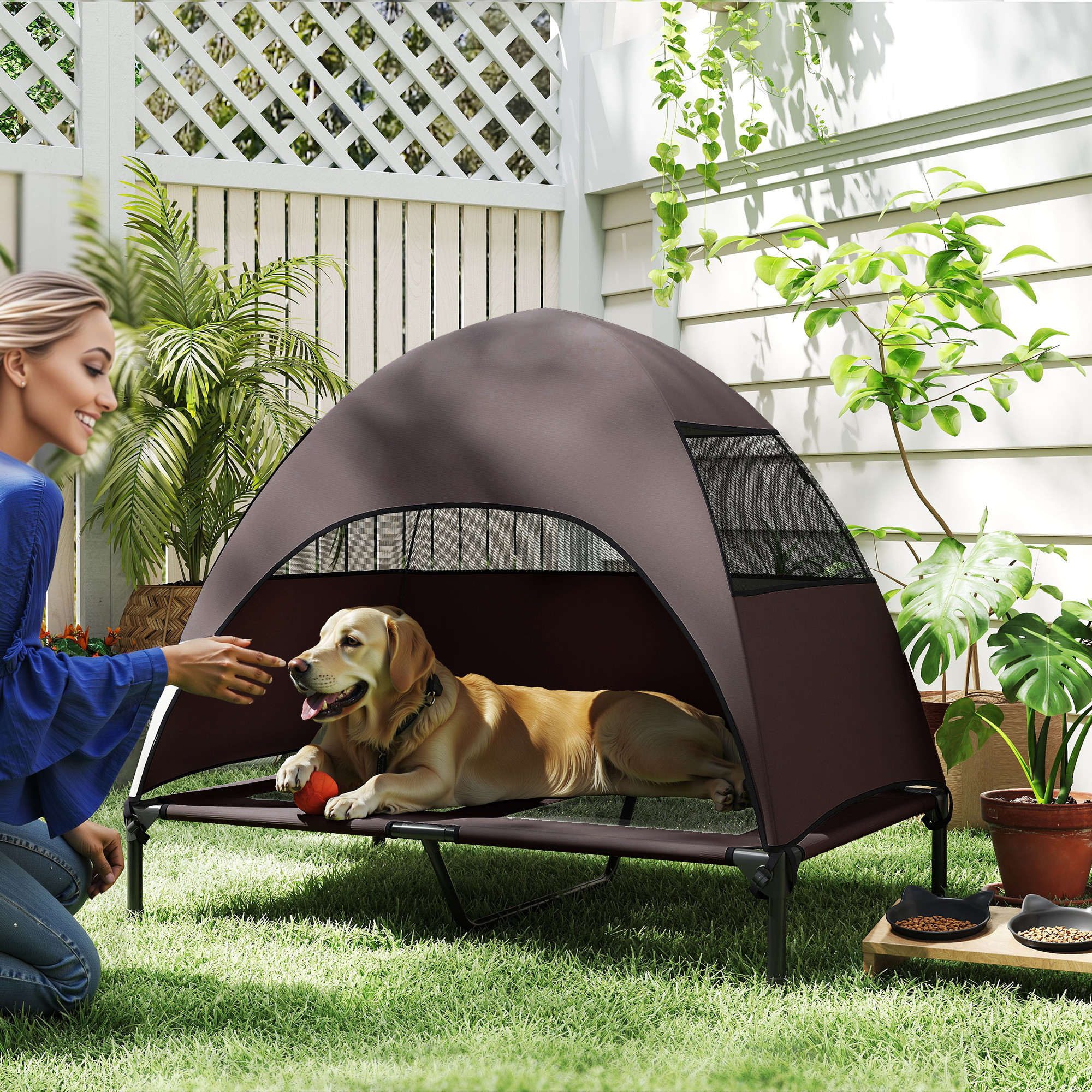 Hundeliege Outdoor mit Dach, erhöhtes Hundebett für Große Hunde, 106 x 76 x 99 cm, Kaffee