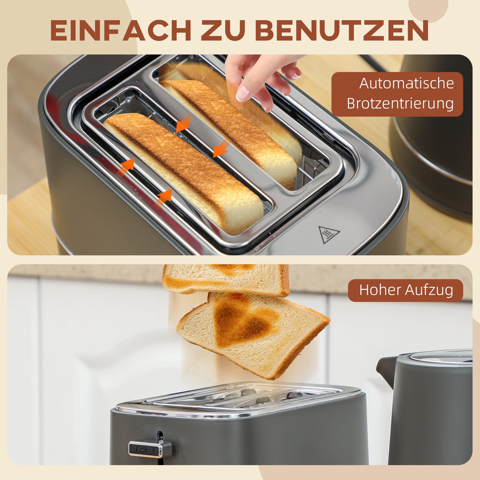 Set aus 1,7 L Wasserkocher und Toaster mit 6 Bräunungsstufen, Grau