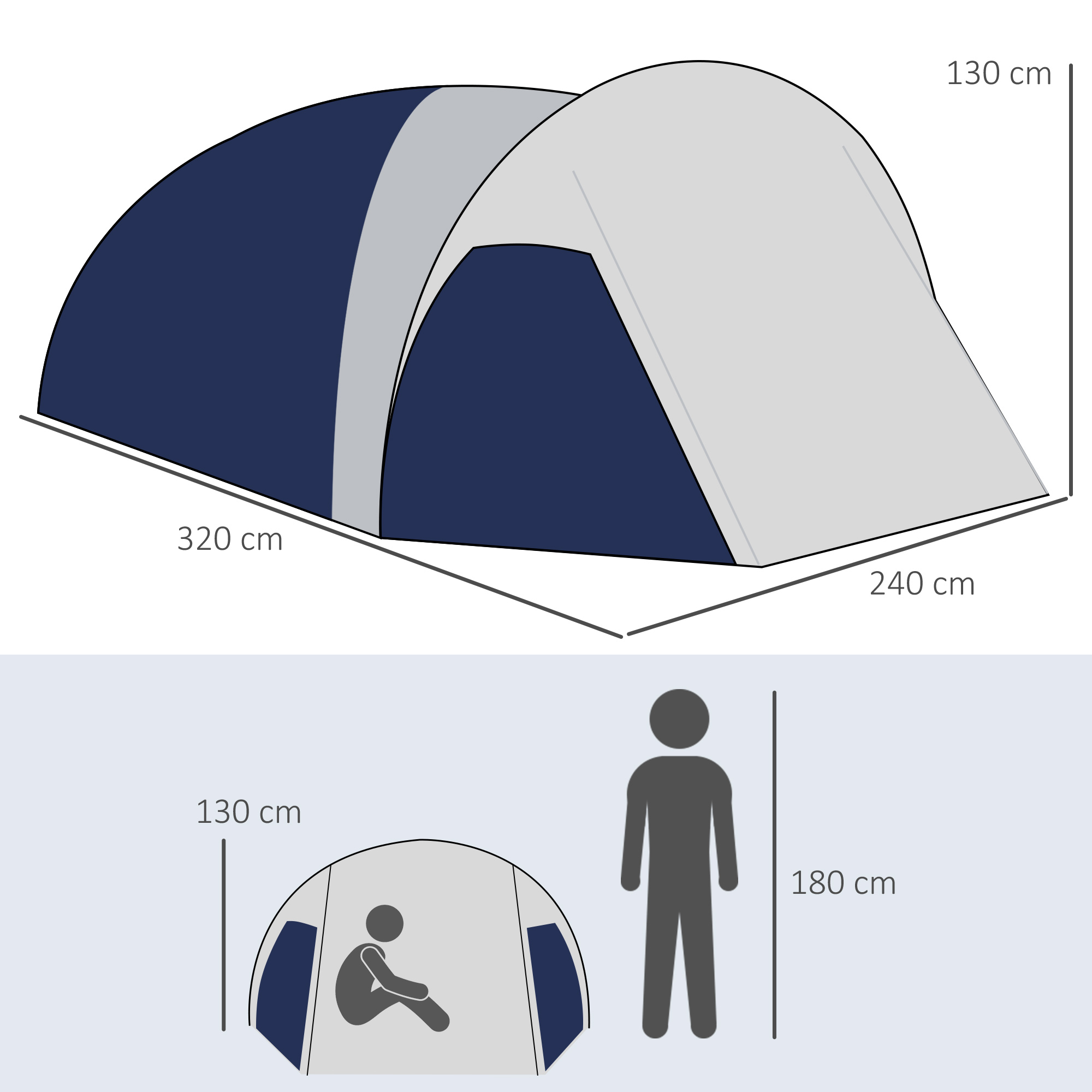 Campingzelt für 3-4 Personen, robust, mit Tragetasche, 2 Öffnungen, Zubehör, Blau