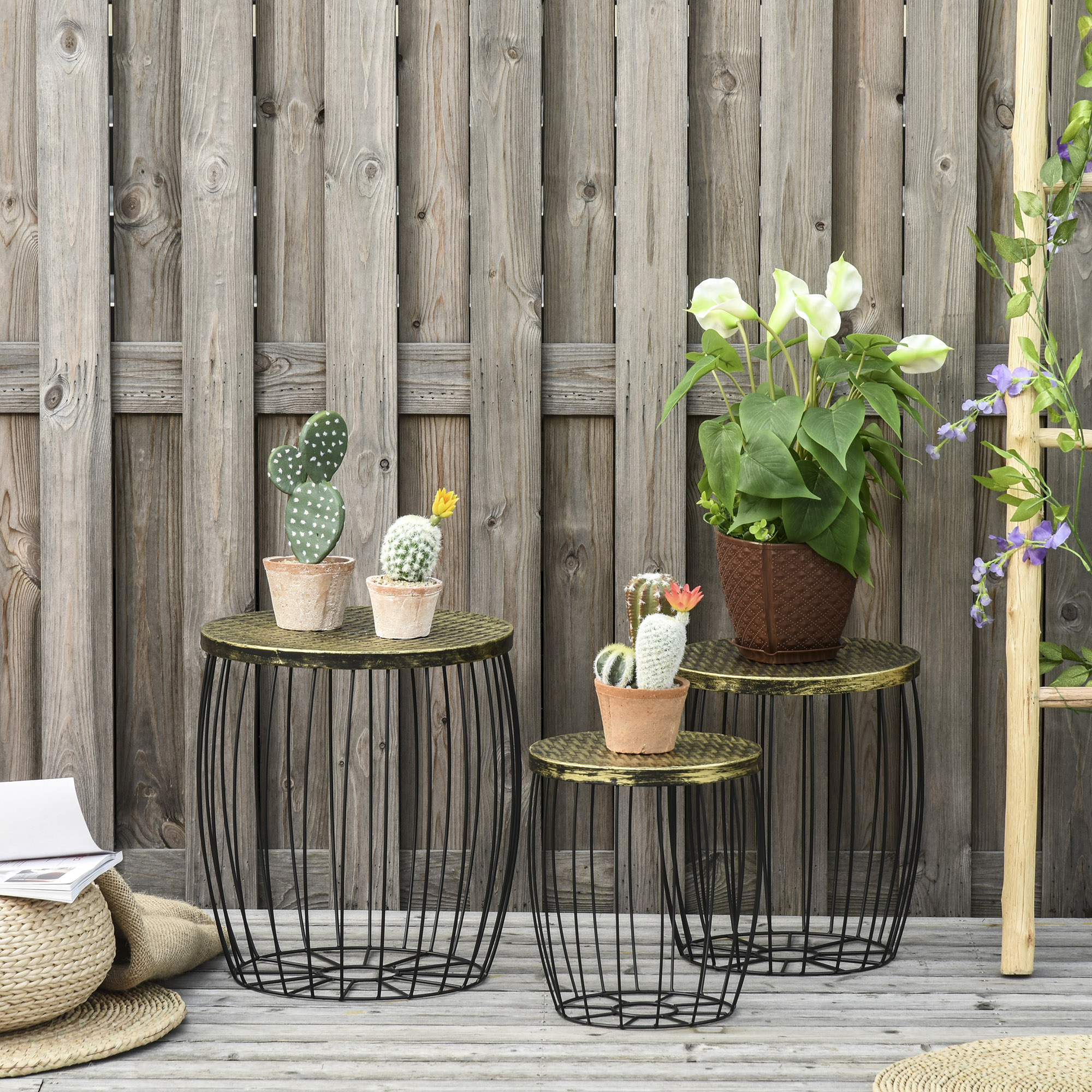 3er-Set Couchtische Beistelltische Gartentisch Retro Metallkorb Drahtkorb Garten Satztisch Gartenmöbel Outdoor Balkon Metall Natur+Schwarz 3 Größen