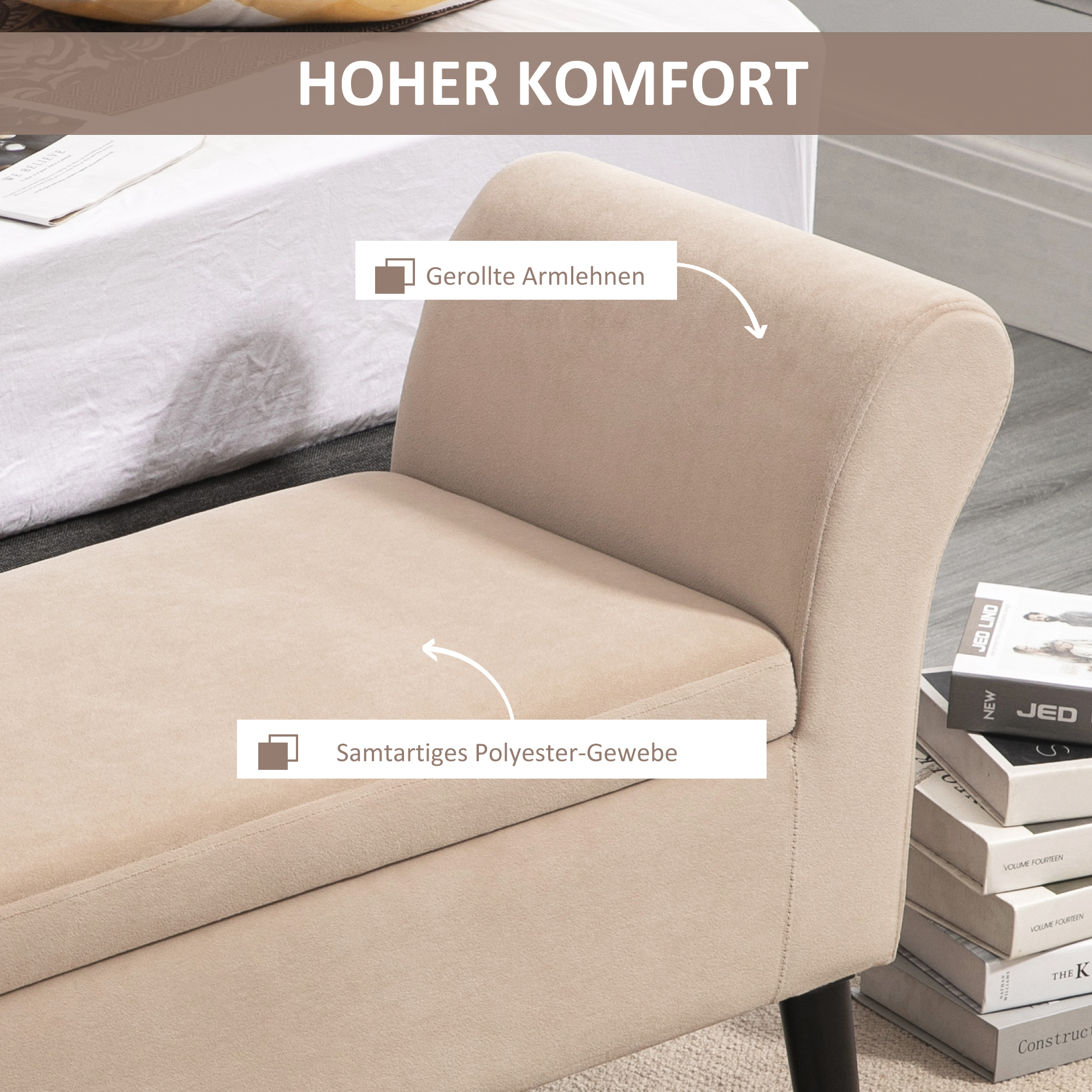 Polsterbank mit Stauraum, Truhenbank mit Armlehnen, 46 cm Sitzhöhe, samtartiges Polyester, 111,5 x 41 x 65 cm, Beige