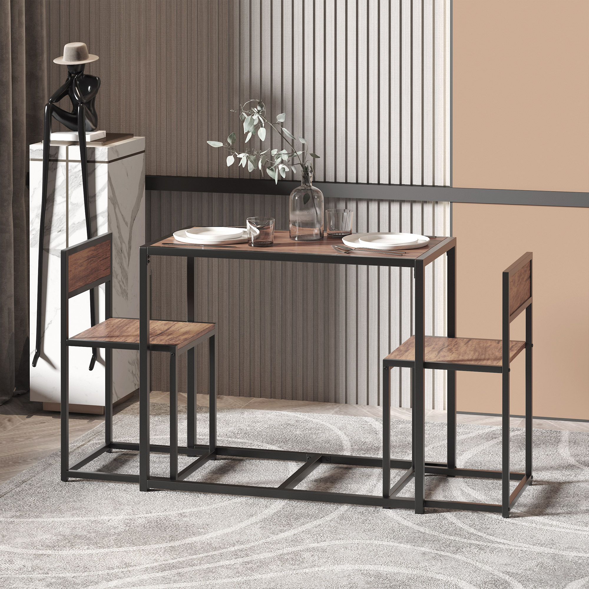 3-teiliges Bartisch-Set Hochtisch-Set 3-teilig, 2 Stühle, 1 Tisch, 90 cm x 47 cm x 76  cm, Braun + Schwarz