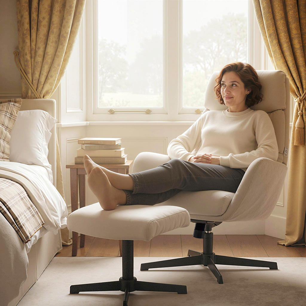 Polstersessel mit Fußhocker, Lounge-Sessel mit hoher Rückenlehne, Metallbasis, für Wohnzimmer, Schlafzimmer, Beige