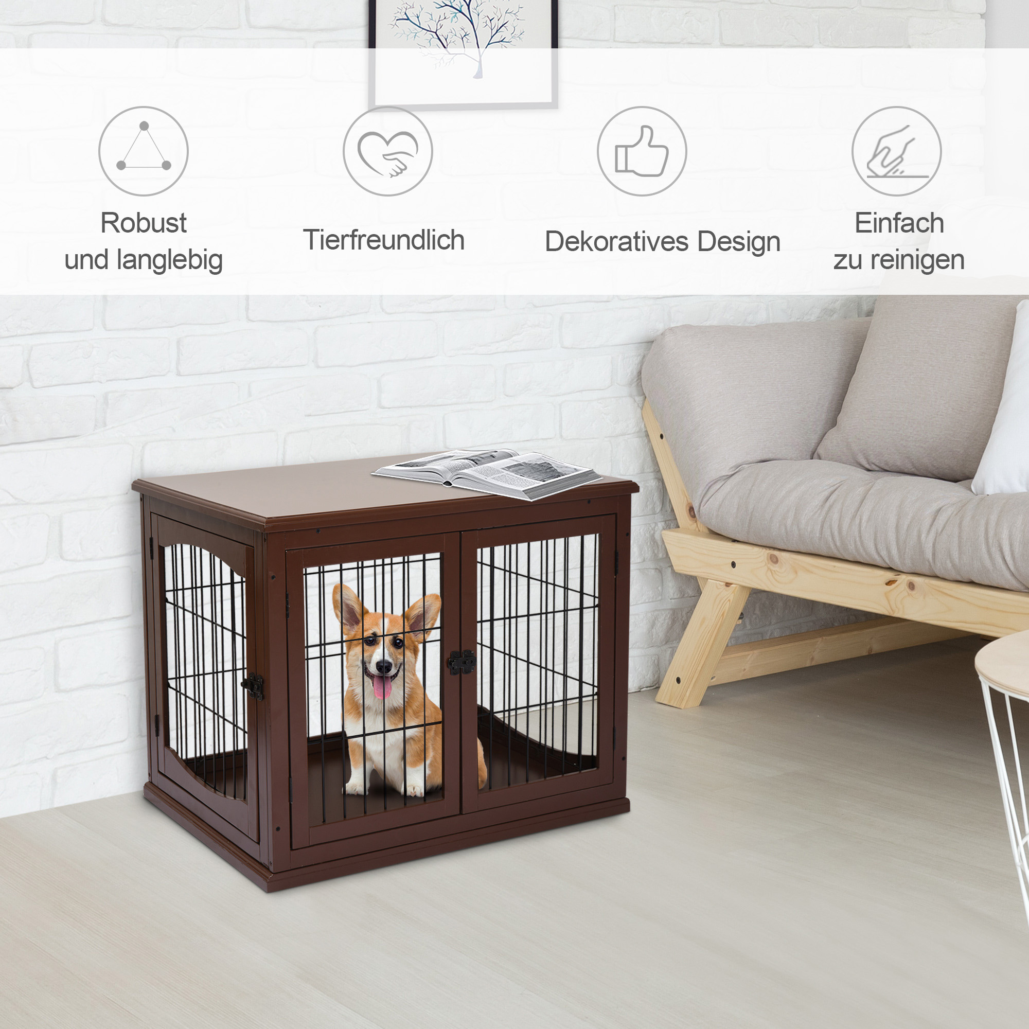 Hundebox, 2 Eingänge, abschließbar, MDF und Metall, 58,4 x 81,3 x 66 cm, Schwarz