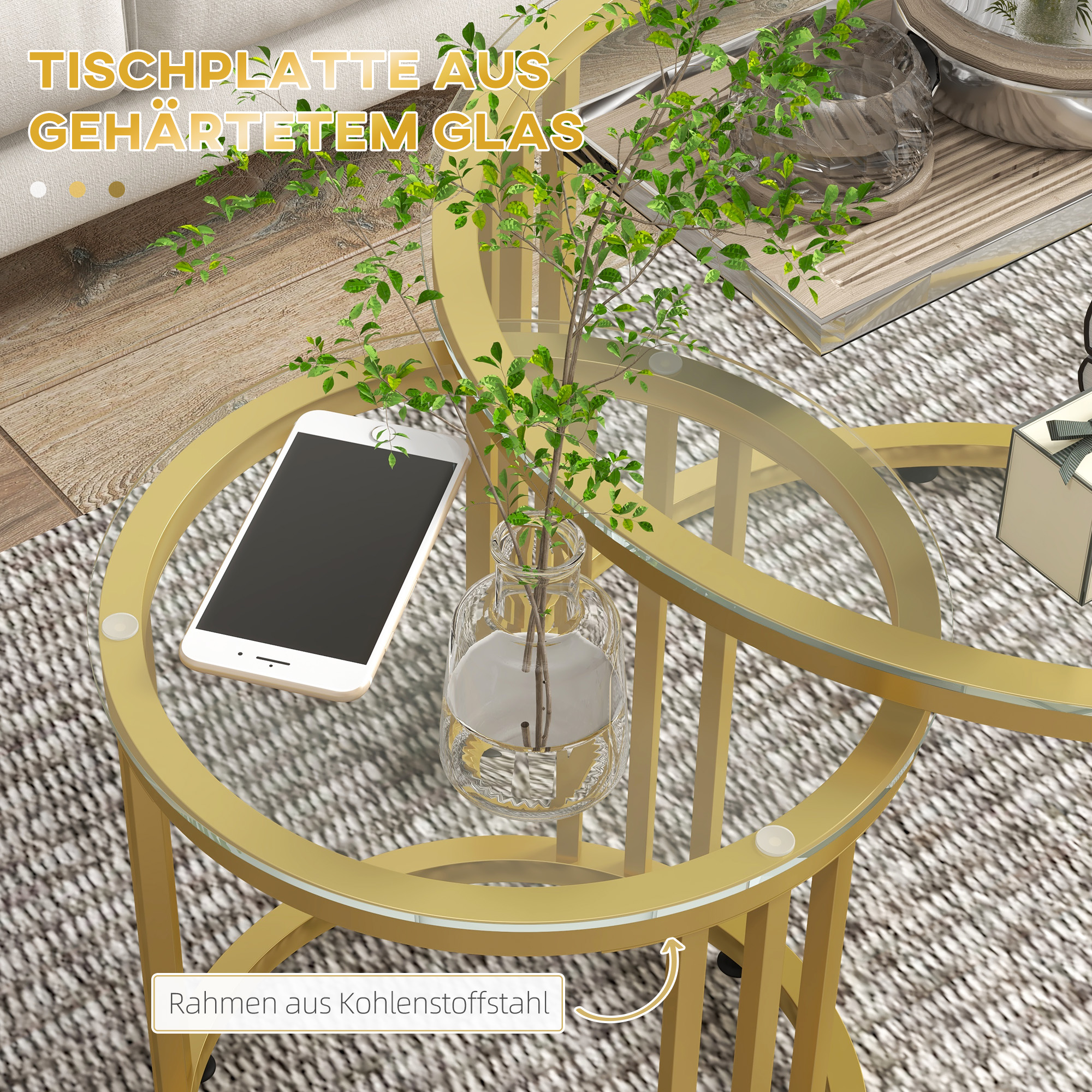 Beistelltisch-Set, 2 Satztische, Karbonstahl, Glasplatte, Ø60x47/Ø40x42 cm, Gold