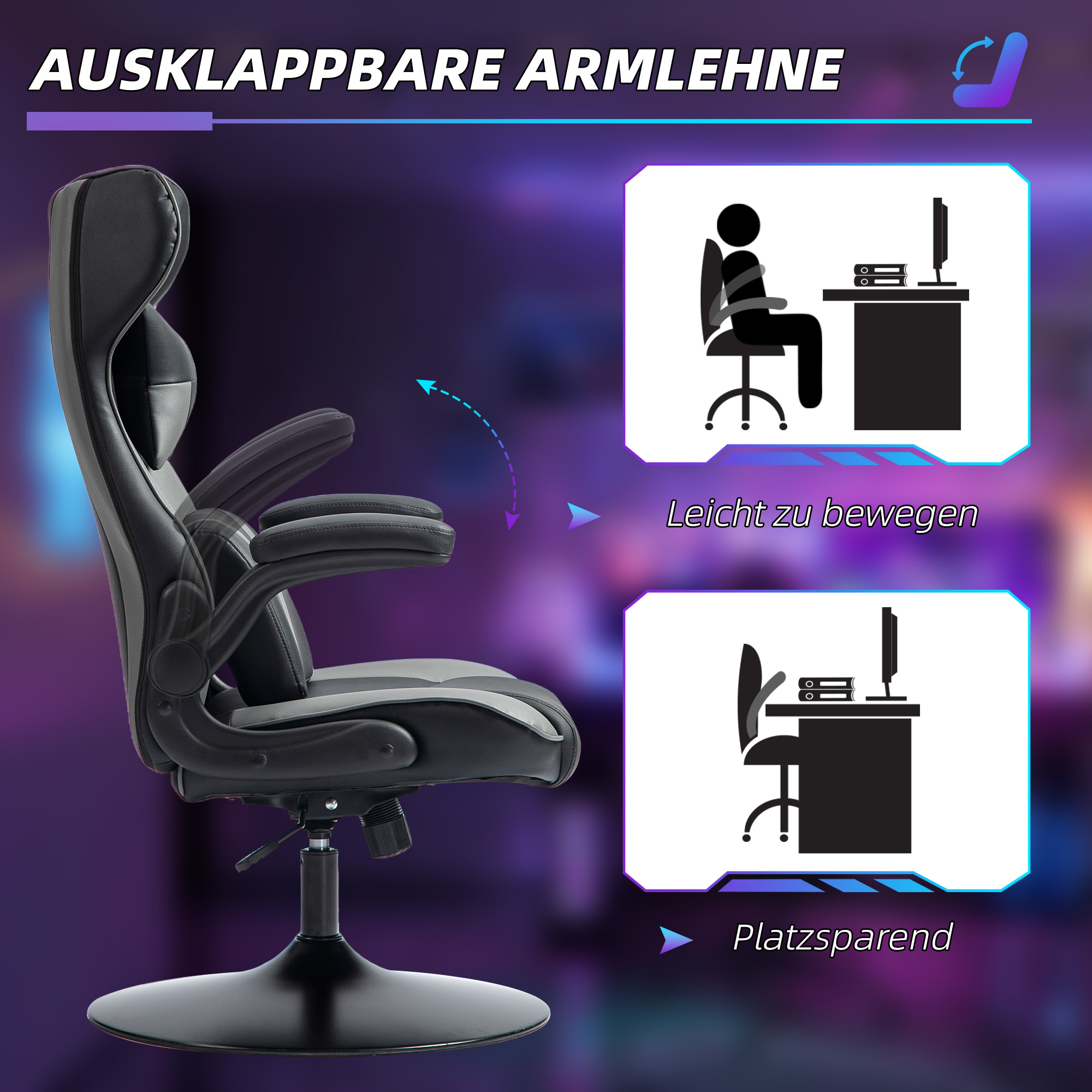 Gaming-Stuhl mit Schaukelfunktion, Drehstuhl, höhenverstellbar, gepolsterter Sitz, Metall, 67 x 71 x 112 cm, Grau