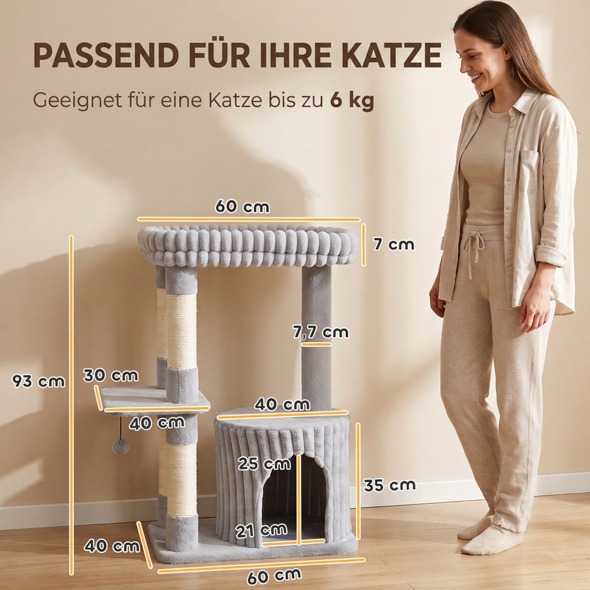 Katzenbaum, 93 cm 3 stufiger Kratzbaum mit Sisal-Kratzstämmen, Kuschelhöhle, großer Liegefläche, Plattform, bis 6 kg