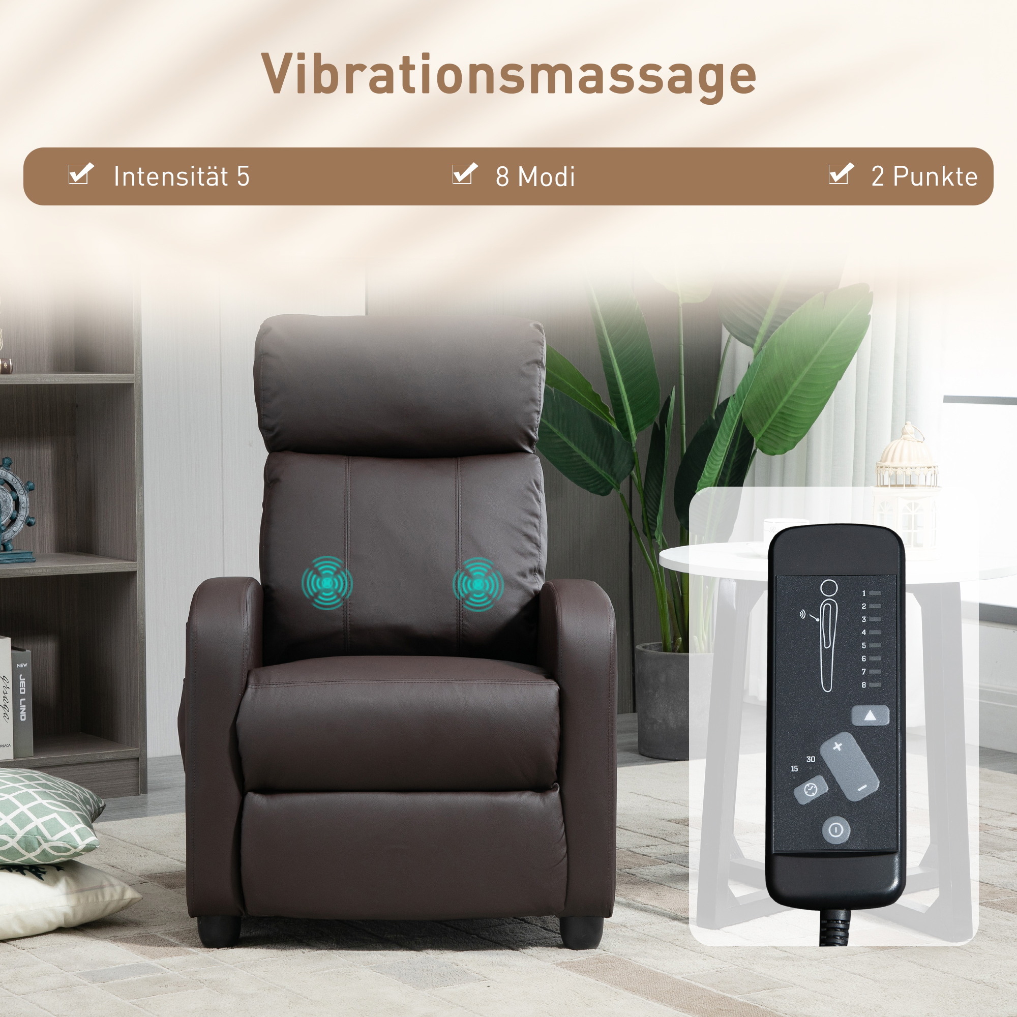 Relaxsessel Fernsehsessel mit Vibrationsmassage, Liegefunktion, 2 Massagepunkte, Fernbedienung, 68 x 88 x 98 cm Braun