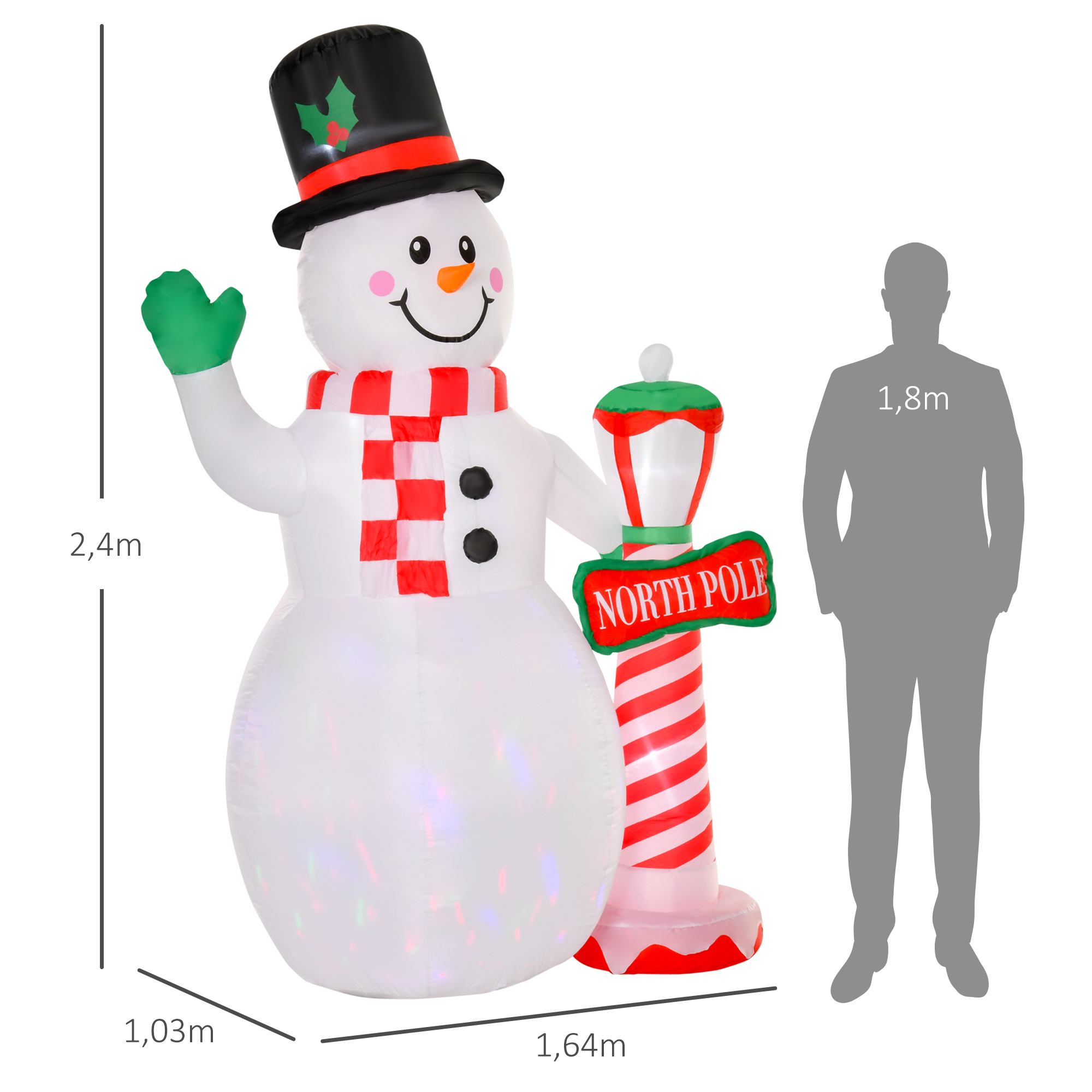 Weihnachtsdeko, aufblasbarer Schneemann, 2,4 m, LED-Beleuchtung, Gebläse, Weiß