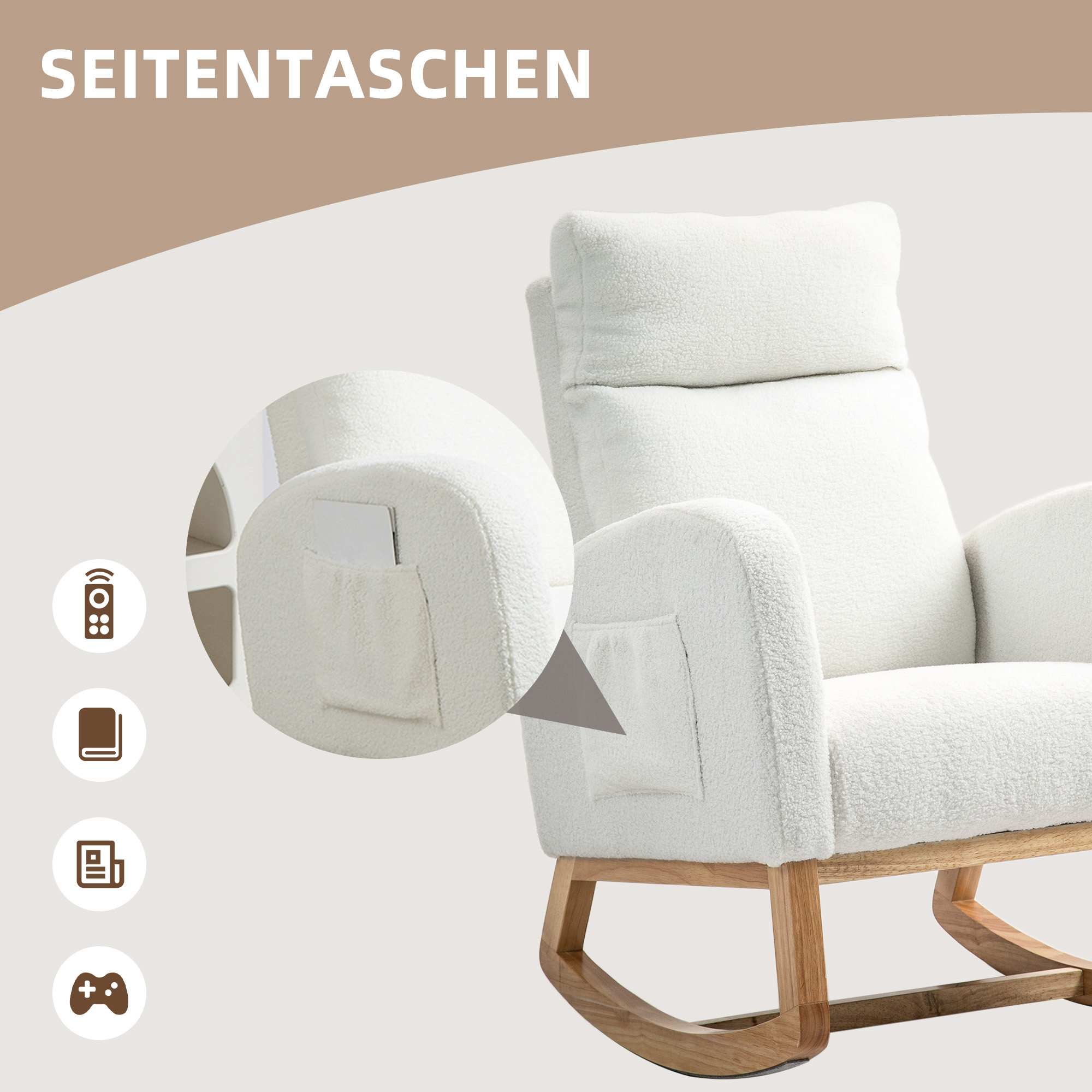 Schaukelstuhl, Relaxsessel, dicke Polsterung, kuscheliger Bezug, Holzrahmen, bis 120 kg Tragkraft, Cremeweiß