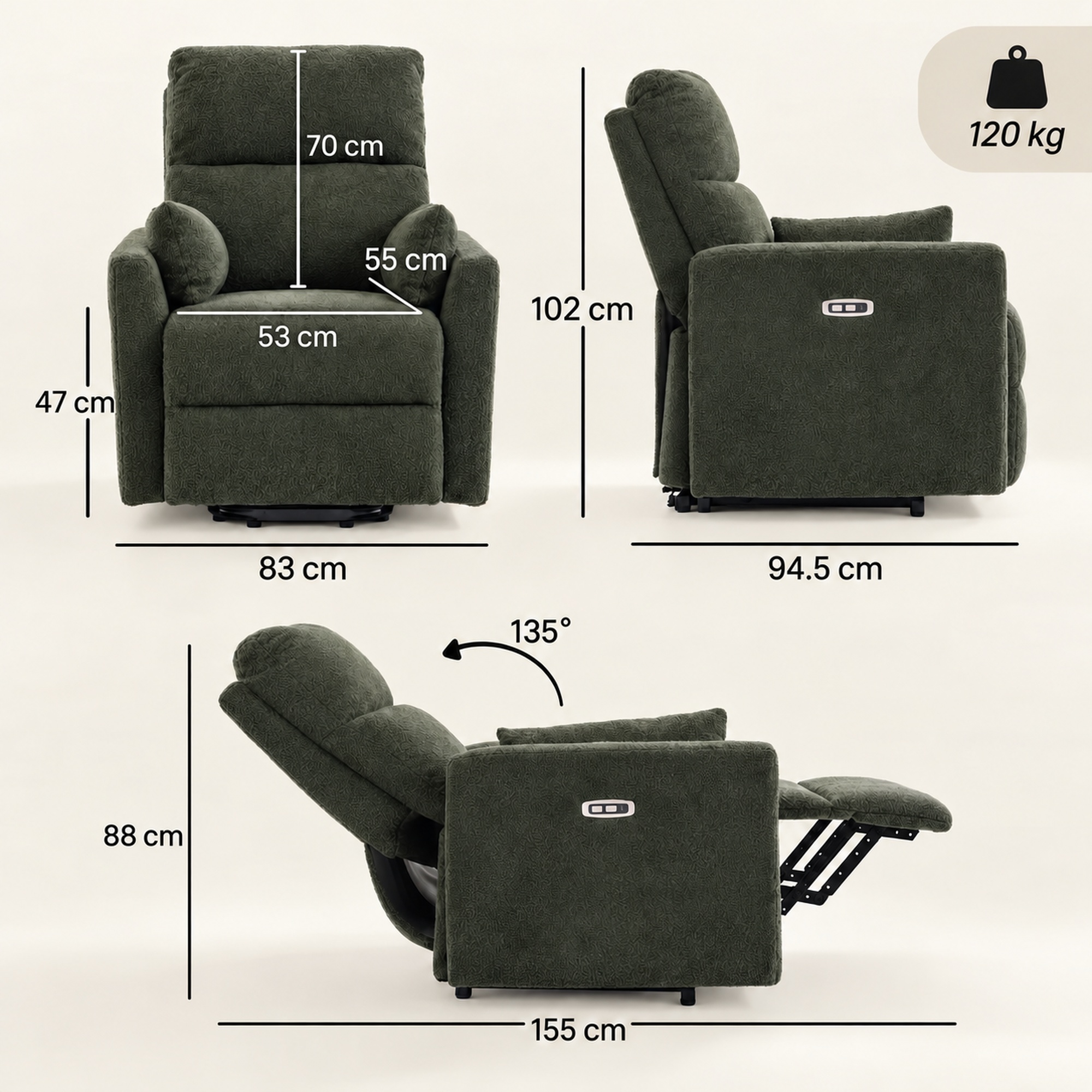 Aufstehsessel mit Massage und Wärme, elektrischer Relaxsessel aus Teddyfleece für Senioren, Dunkelgrün