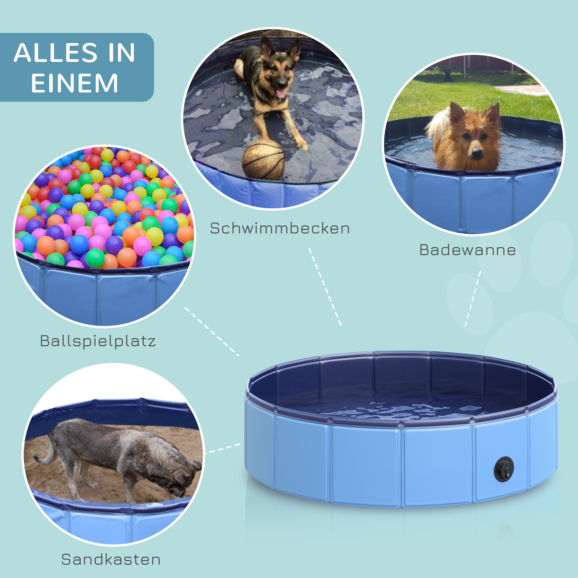 Hundebadewanne faltbar Badewanne Hundepool Plantschbecken Swimmingpool Wasserbecken für Hunde und Katzen Schwimmbecken Kunststoff+Holz Blau Ø80 x H20 cm