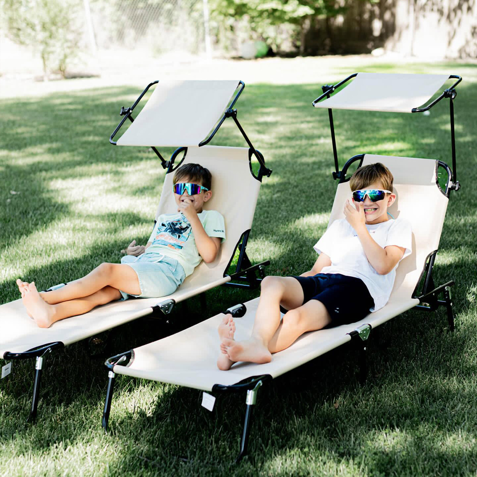 2er Set Sonnenliege klappbar Gartenliege mit Sonnendach 5-Fach höhenverstellbarer Rückenlehne Braun