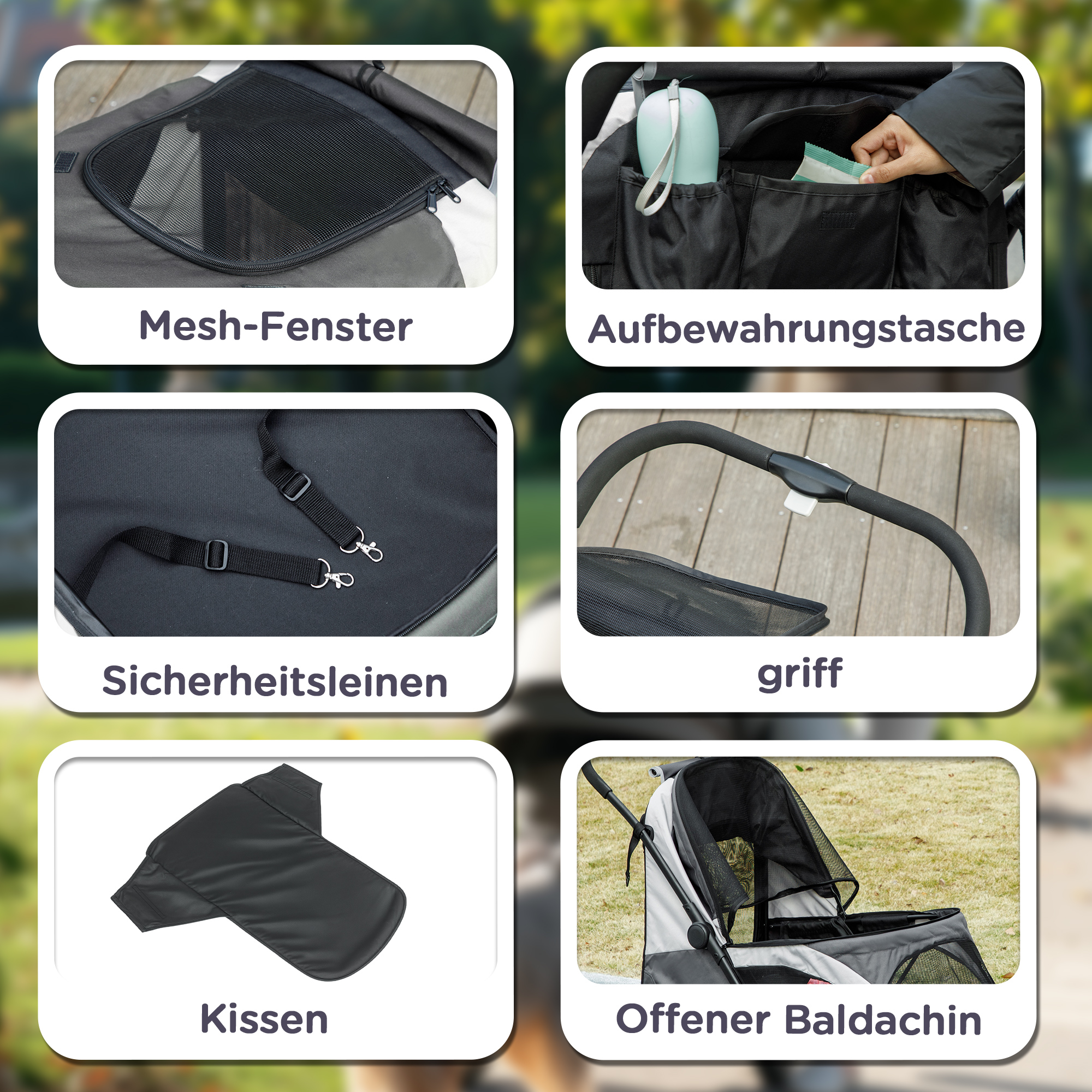 Hundewagen, Faltbarer Hundebuggy für große Hunde, Haustierwagen mit 4 Rädern, Sicherheitsleinen, Bremsen, Dunkelgrau