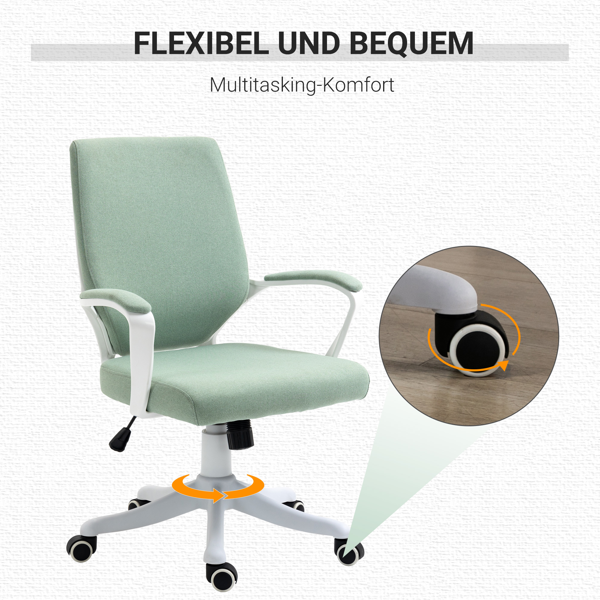 Bürostuhl Schreibtischstuhl Home-Office-Stuhl mit Wippenfunktion Rückenlehne höhenverstellbarer dick gepolstert ergonomisch 360°-Drehräder Polyester Nylon PP Grün+Weiß 62x69x92-100 cm