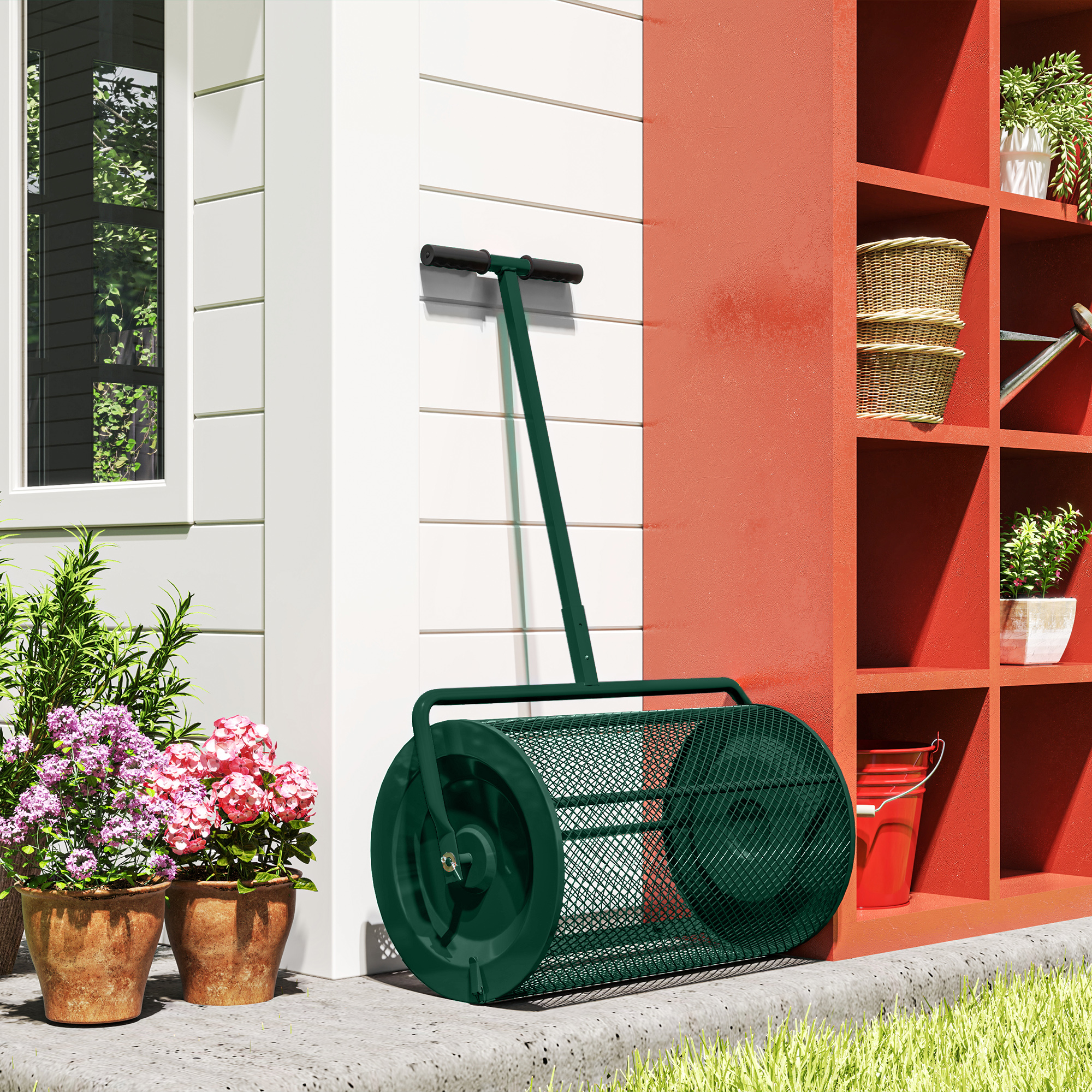 Kompoststreuer 75L 61x40cm Düngerstreuer Rasen Garten mit T-Griff Mesh-Korb Metall Grün