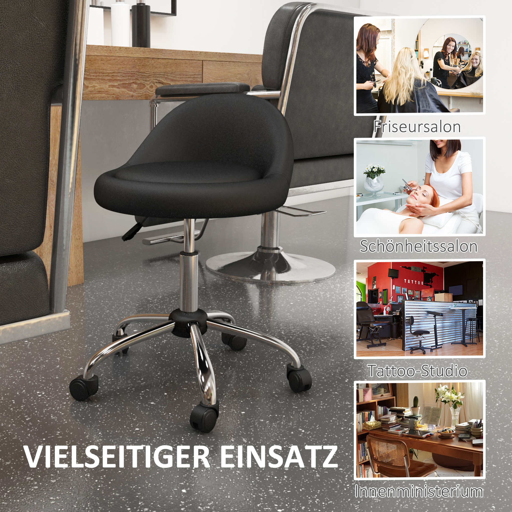 Arbeitshocker Drehhocker Rollhocker, höhenverstellbar, drehbare Sitzfläche, 50cm x 50 cm x 83 cm, Schwarz + Silber