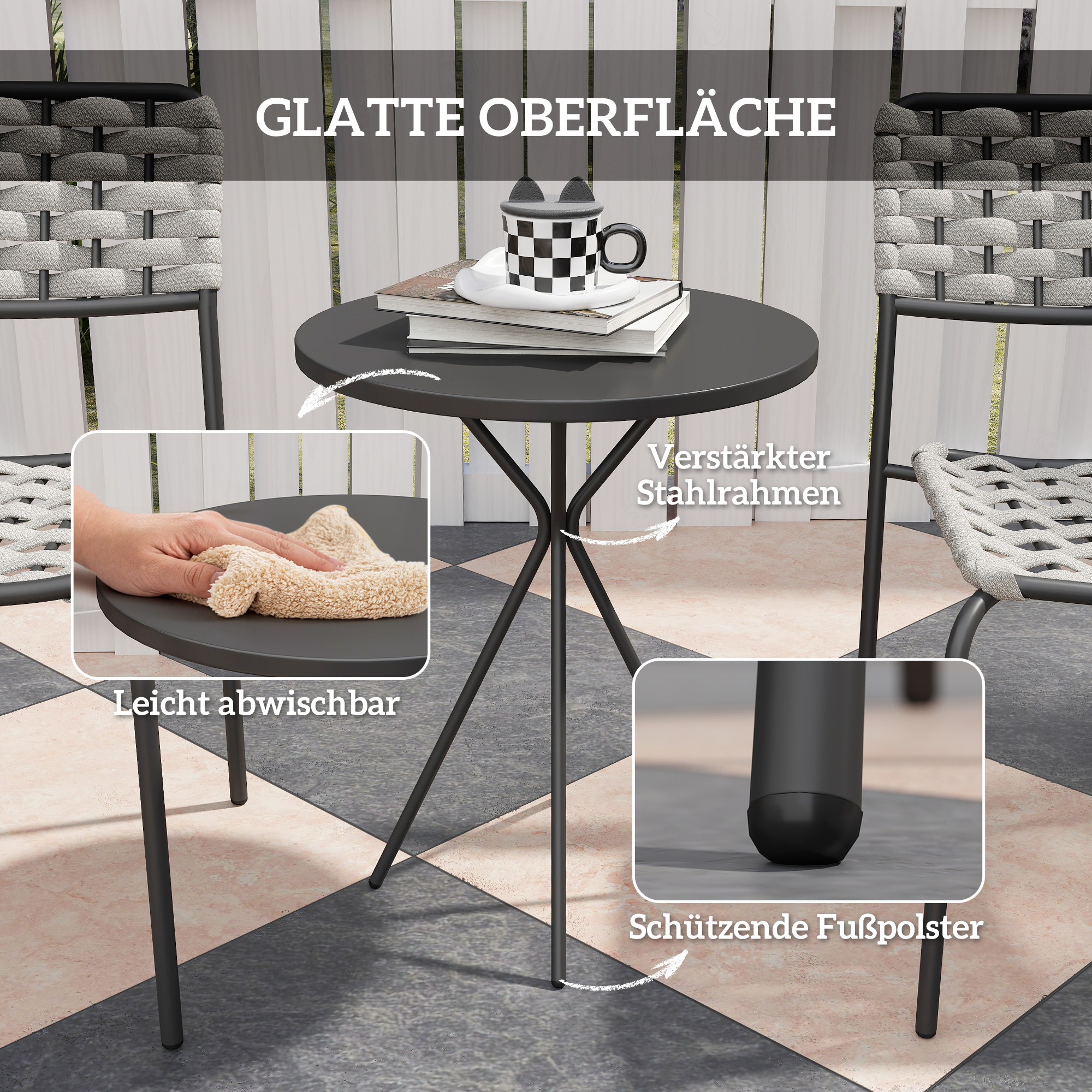 Polyrattan Gartenmöbel Set, Outdoor Lounge Balkonmöbel für 2 Personen, 3-teilig 2 Stühle, Tisch Grau