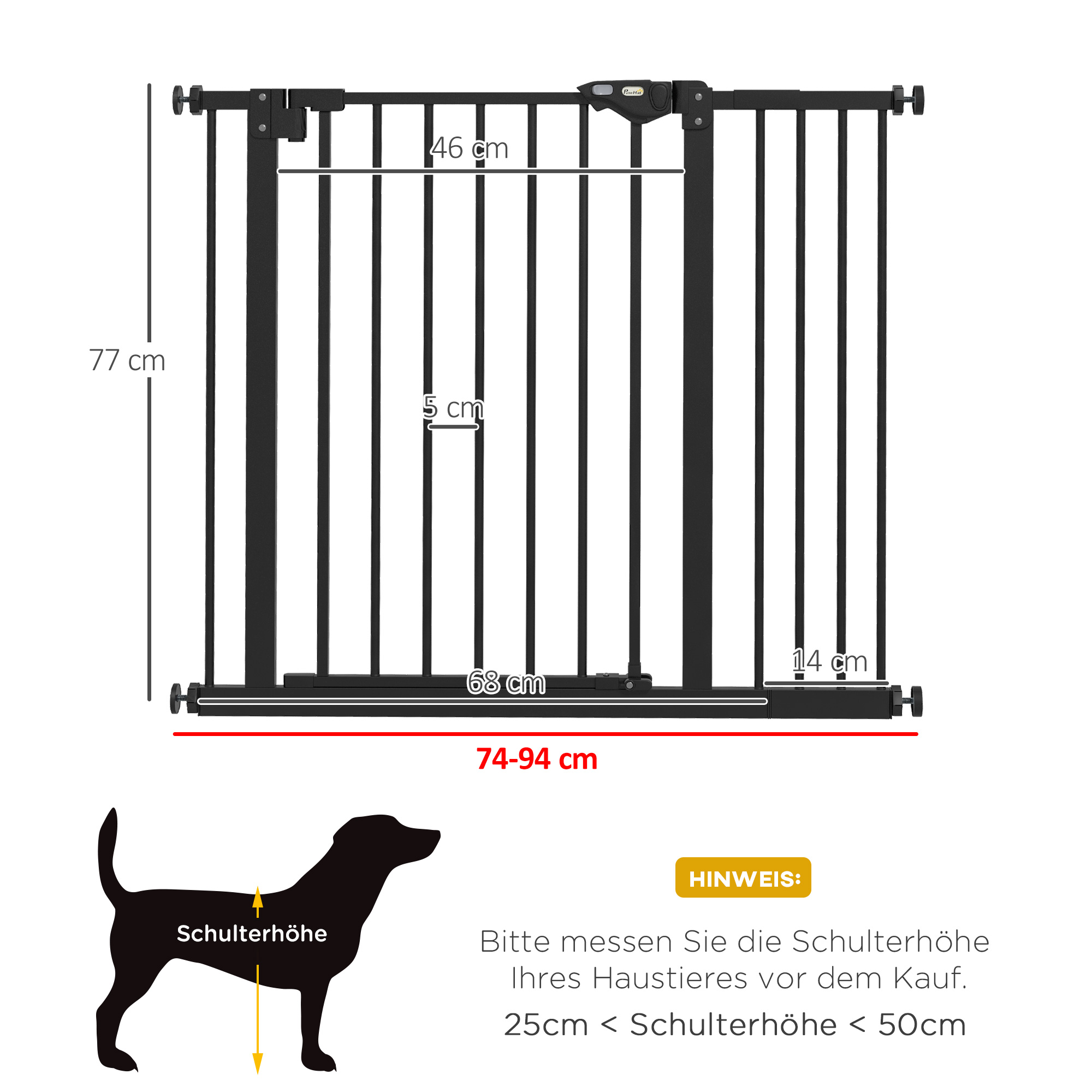 Türschutzgitter für Hunde, Absperrgitter, Schutzgitter für Haustiere, Metall, Kunststoff, ,74-80/87-94 cm, Schwarz
