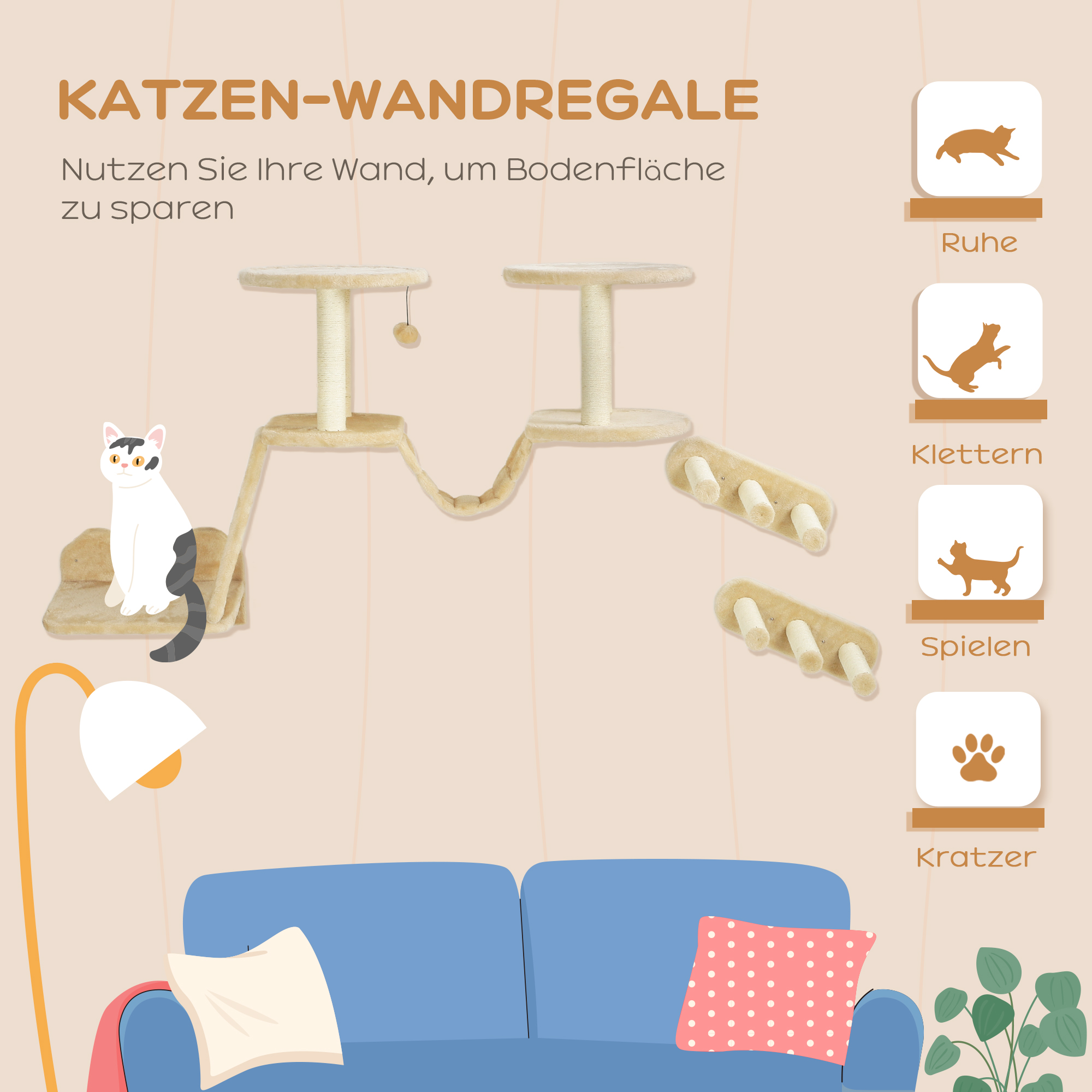 Katzentreppen-Set, Wand- und Deckenmontage, für Katzen bis 5 kg, Beige
