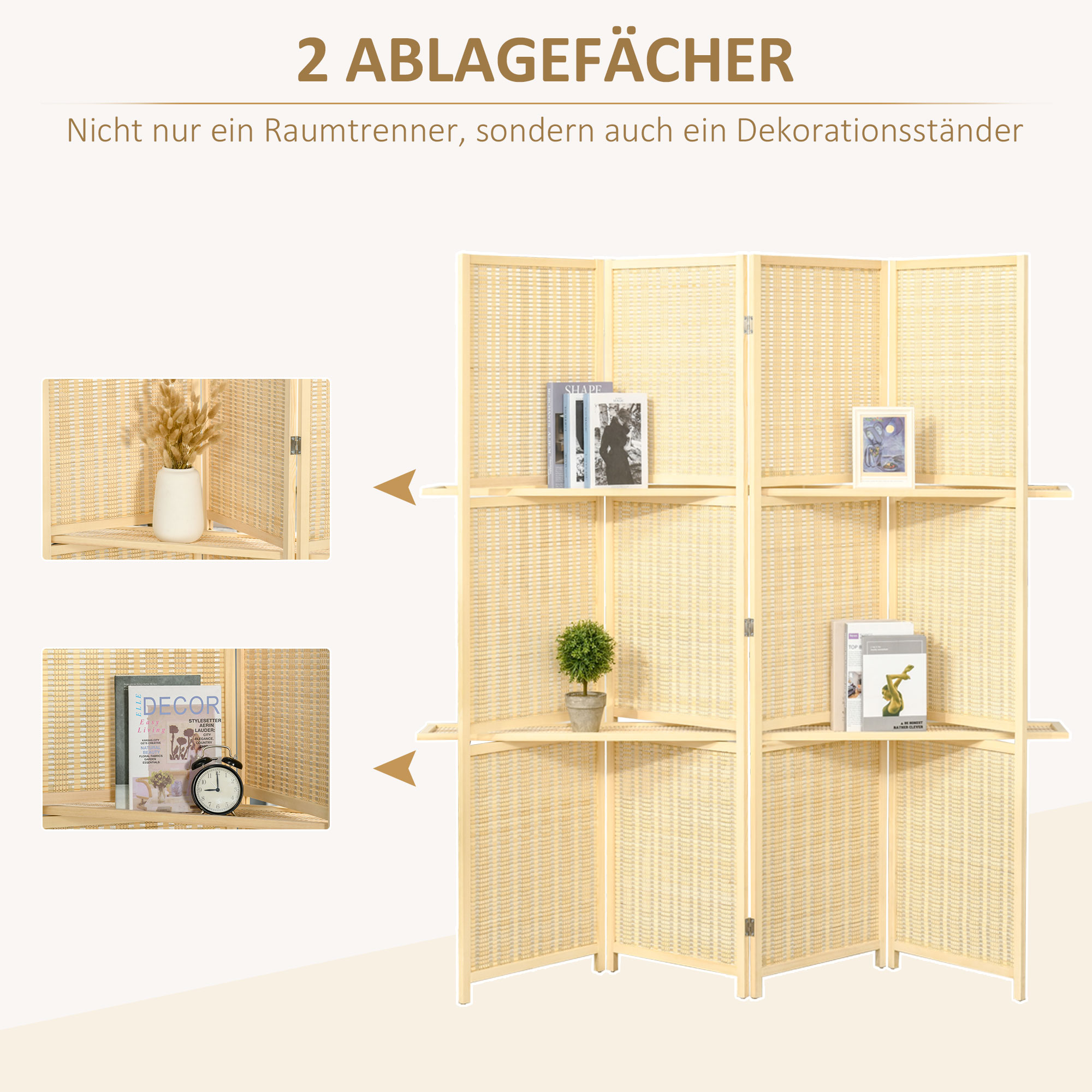 Raumteiler, Raumtrenner aus Bambus, 2 Regale, faltbar, Fußpads, Natur