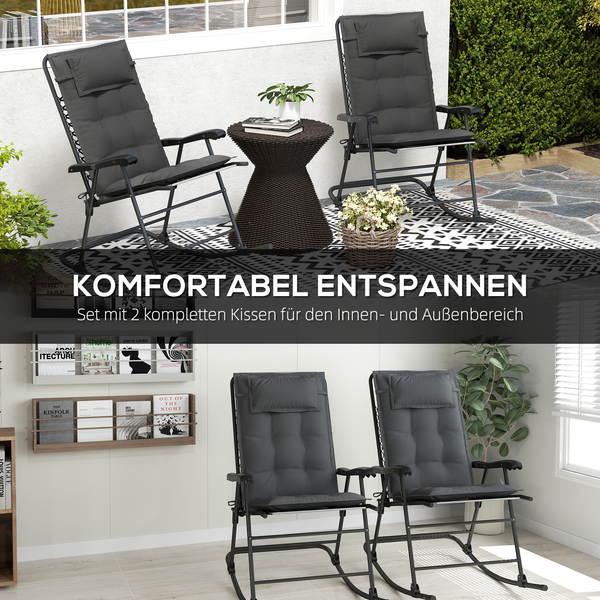 2er Set Auflage für Sonnenliege Wasserabweisend Liegenauflage für Gartenliege Polsterauflage 50x116x5 cm, Dunkelgrau