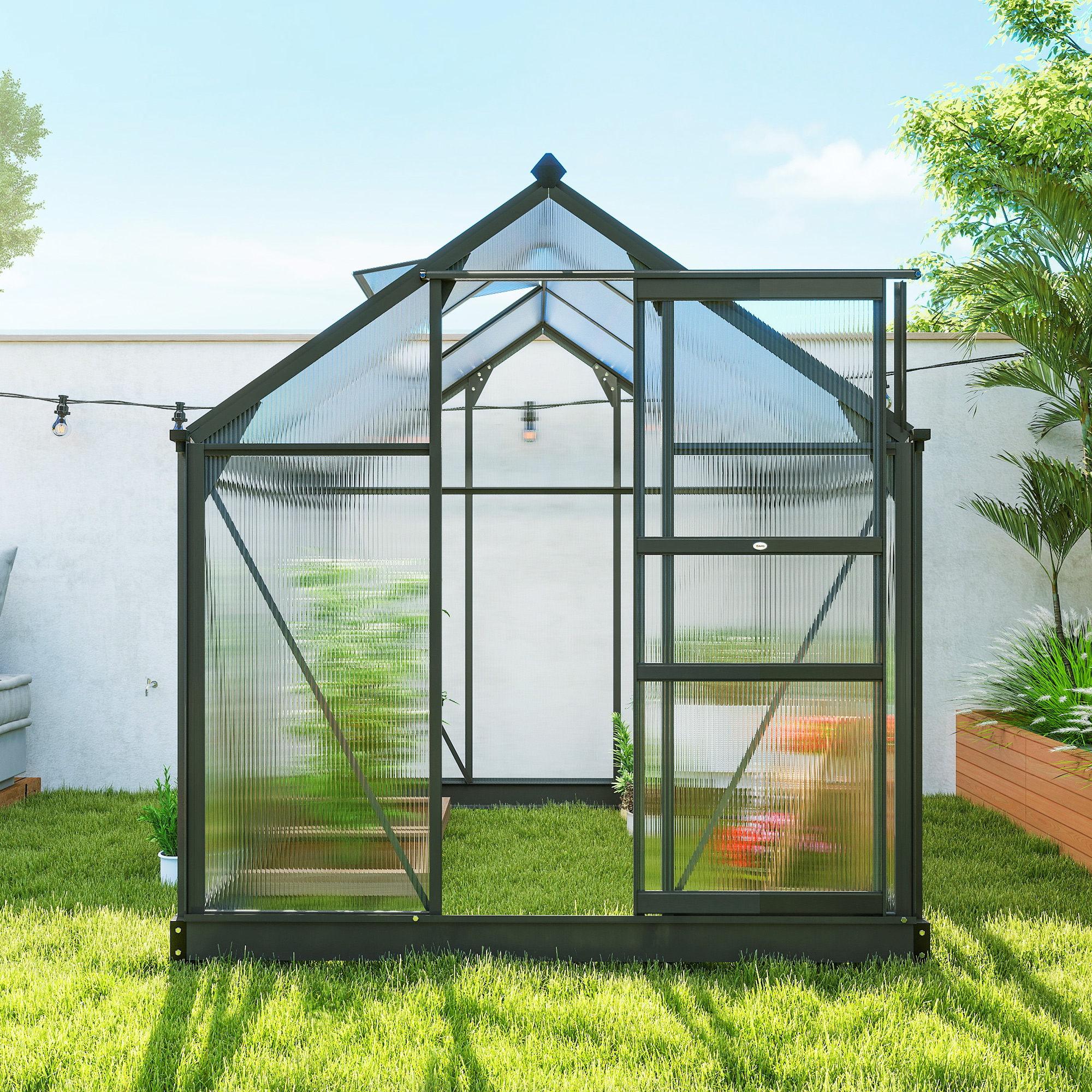 Gewächshaus Aluminium 3,65m² 190x192x201cm mit Fundament Dachfenster Schiebetür 4 mm Platten, UV-beständig