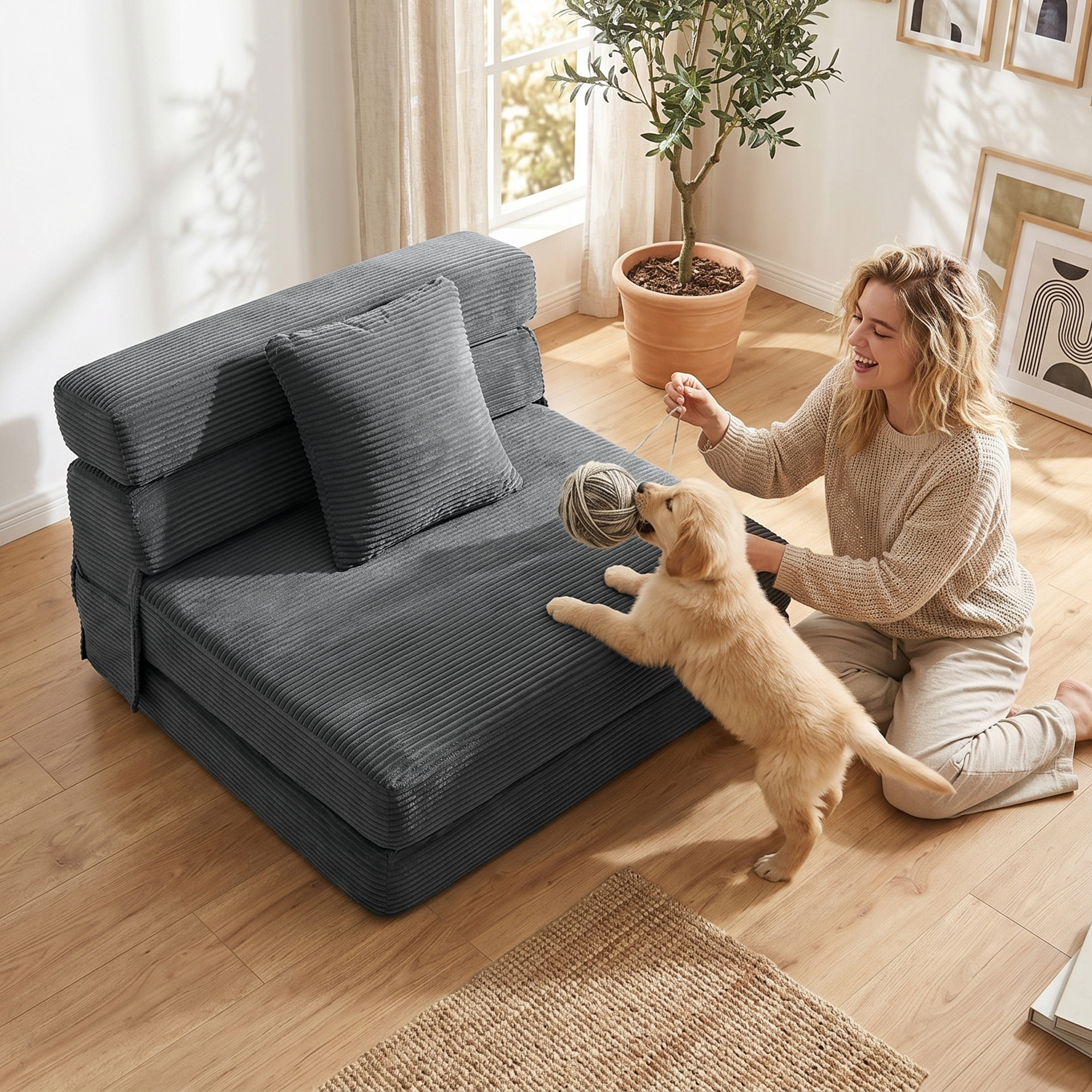 2-in-1 Boneless Cloud Bodenstuhl, klappbares Schlafsessel mit Cord-Optik & Lendenkissen, Dunkelgrau