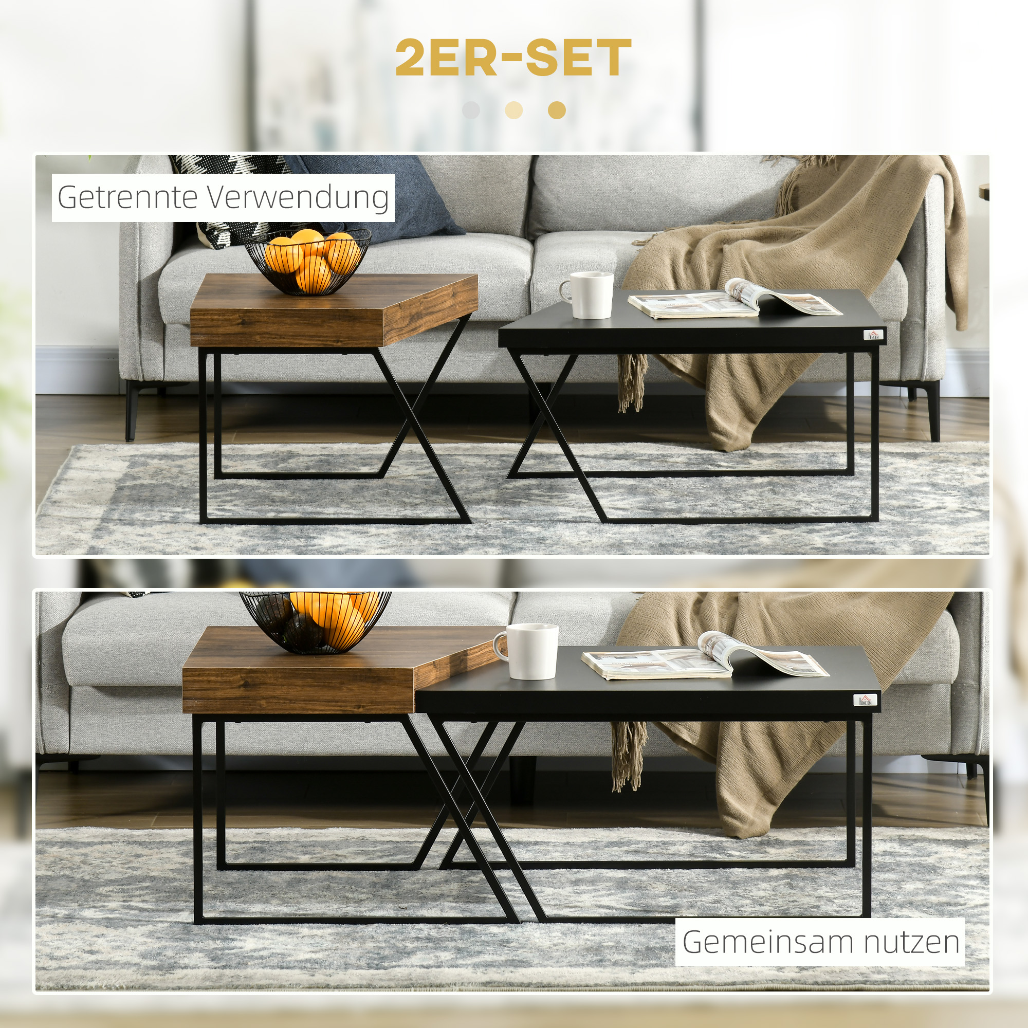 Couchtisch-Set, 2 Beistelltische, Industrial Design, Stahlrahmen, Holz/Schwarz