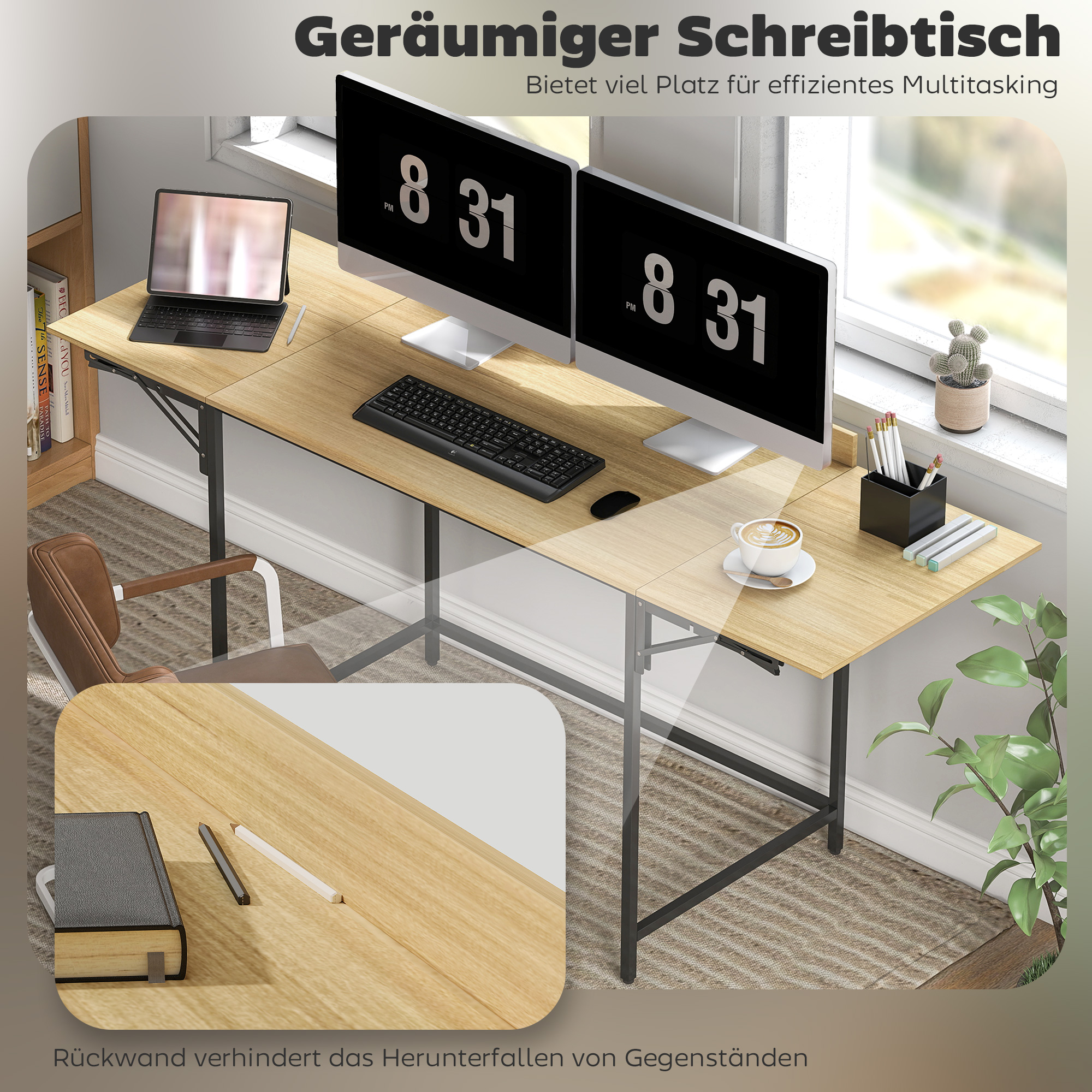 Klappbarer Computertisch mit 2 Ausziehplatten, viel Platz für Monitore, Metallbeine, robuste Konstruktion, Eiche+Schwarz