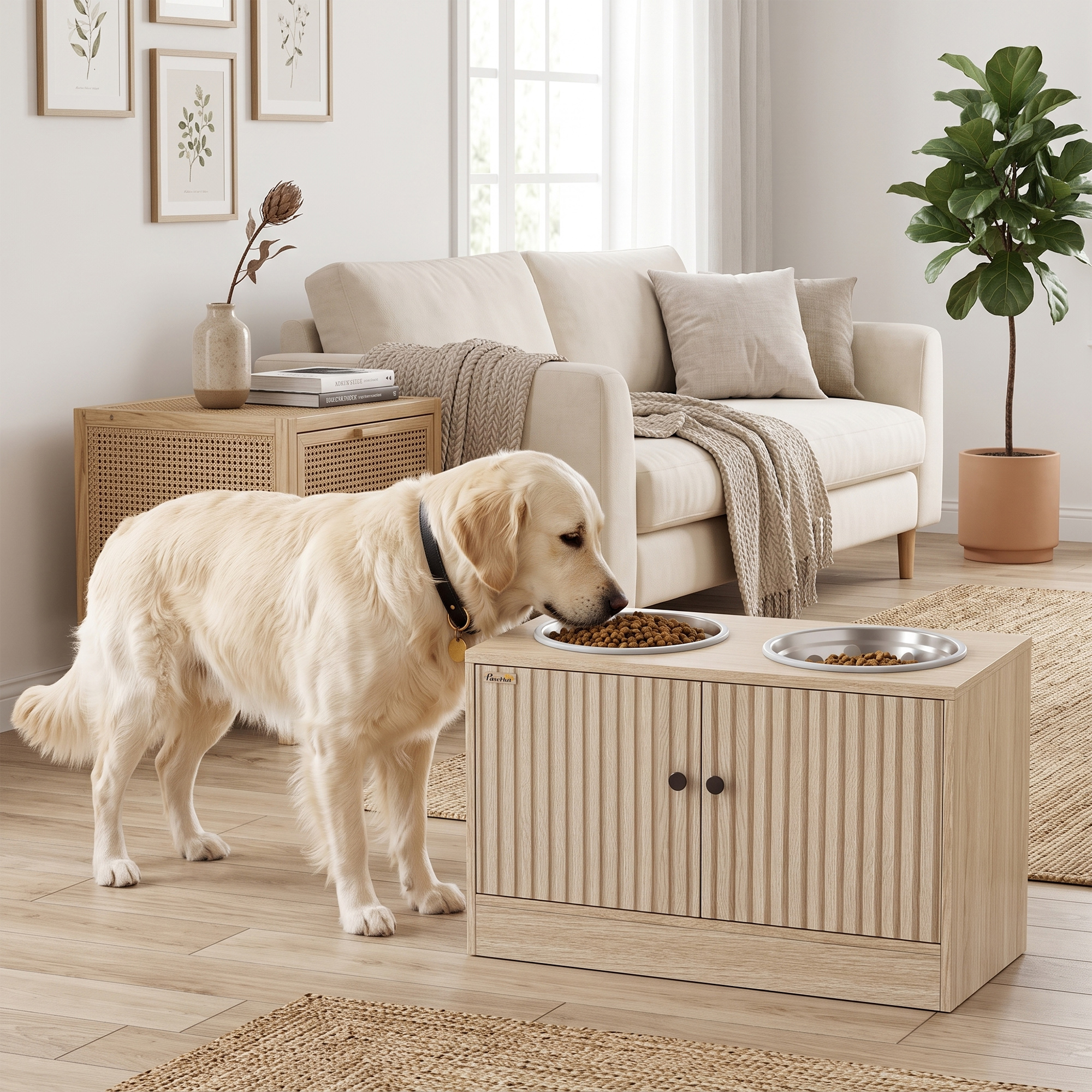 Hundefutterstation mit 2 Edelstahl-Näpfen, Schrank für Utensilien, für große Hunde, Zubehör, Holz