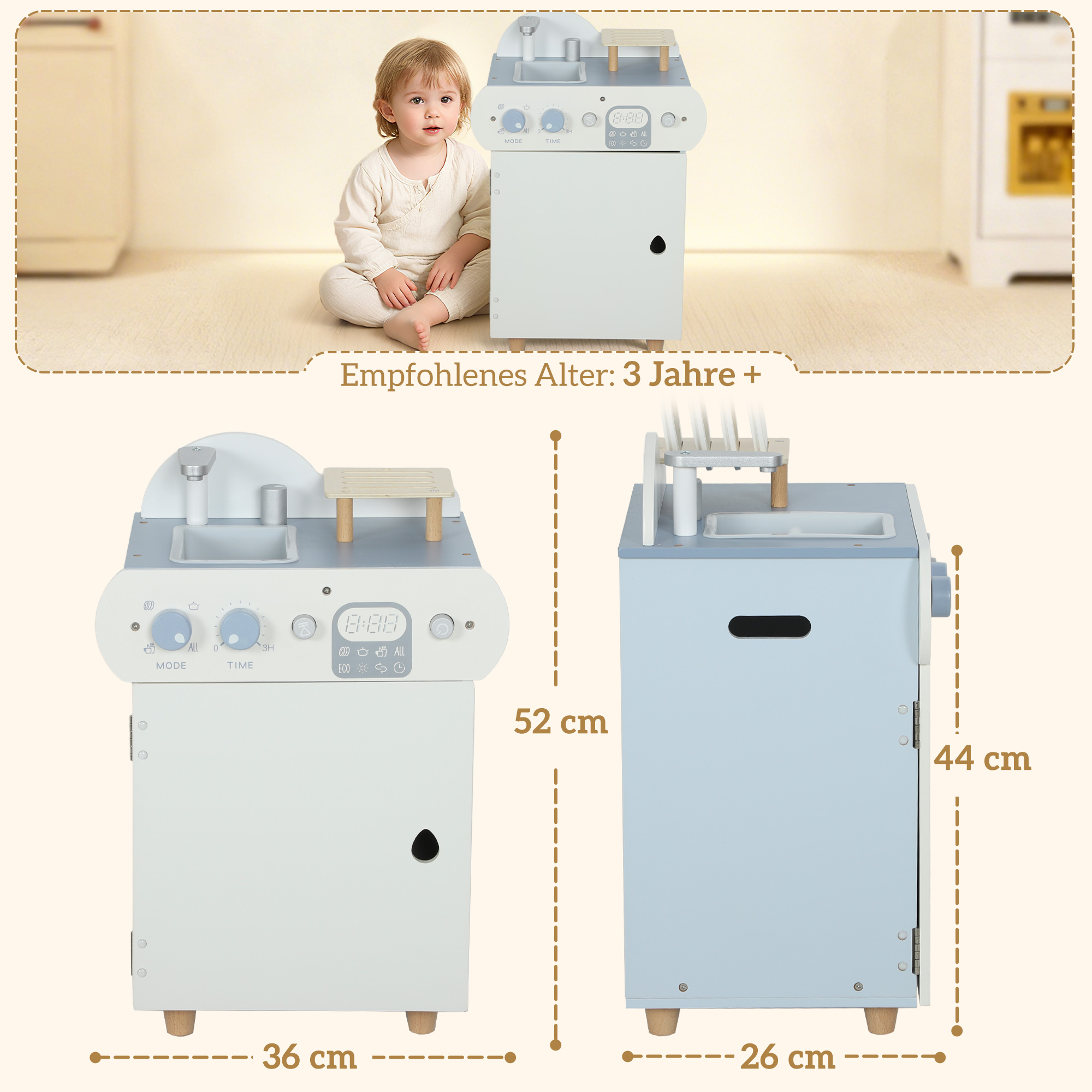 Spülküchen-Set, Holzgeschirrspüler für Kinder, 32 Zubehör-Teile, MDF, für Kinder ab 3 Jahren, Hellblau