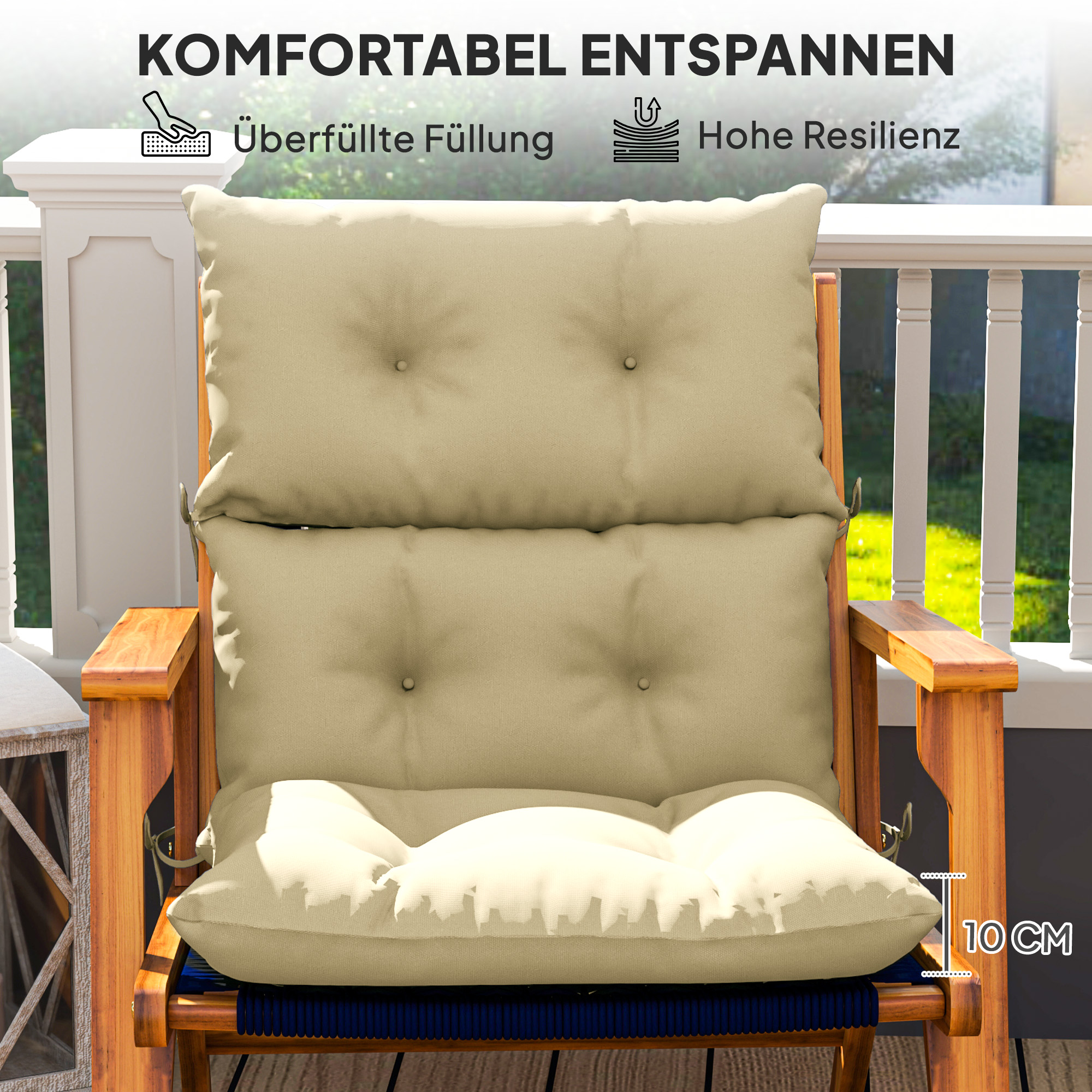 Sitzkissen, Dickes Polsterkissen für Sitzmöbel, mit Rückenlehne, Schaukelstuhlkissen, für drinnen und draußen, Beige