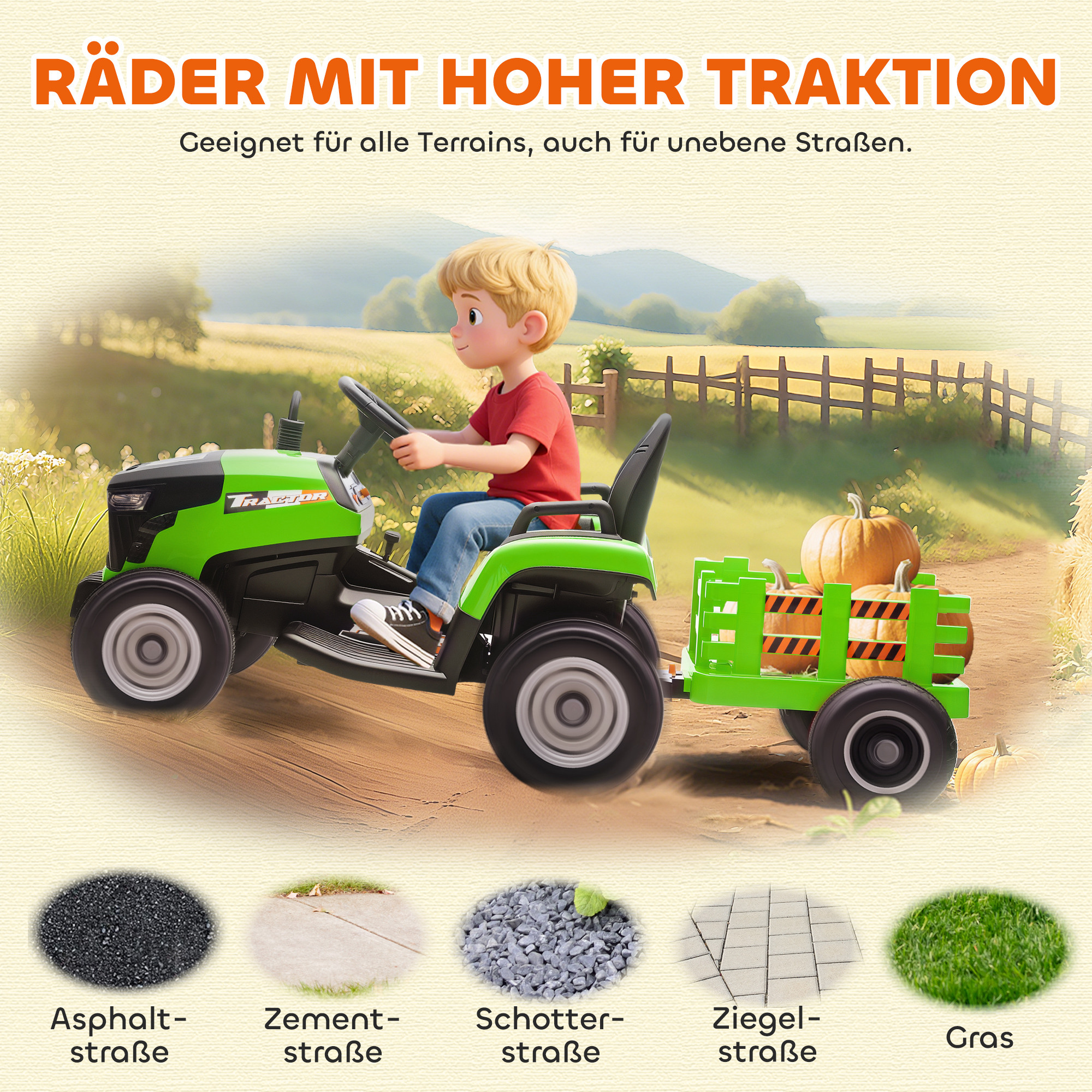 Elektrischer Kindertraktor, Aufsitz-Traktor mit Fernbedienung, Soft-Start, für Kinder im Alter von 3-8 Jahren, Grün