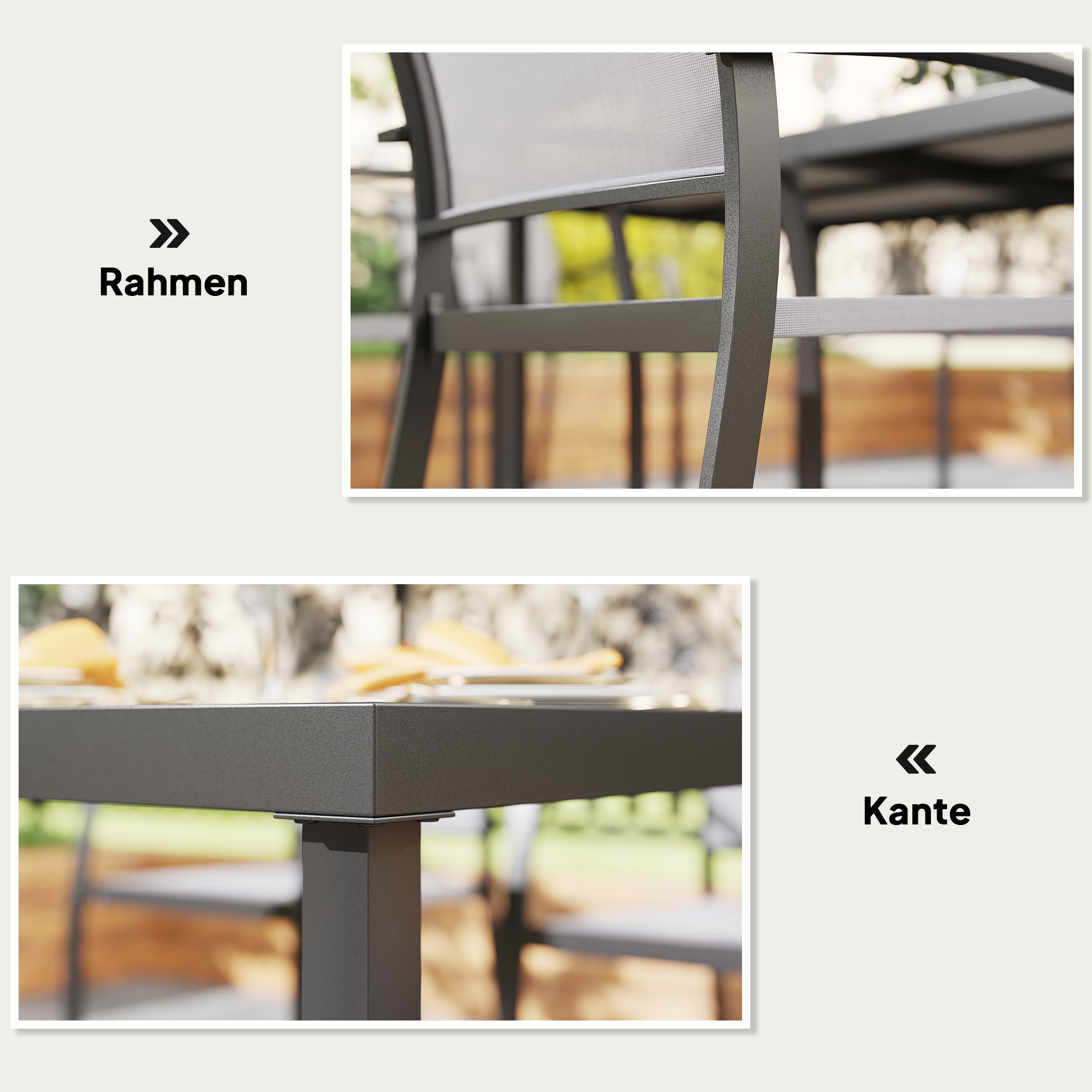 7-teiliges Ess-Set, 6 Stühle, 1 Tisch, stapelbar, leicht zu reinigen, Stahlrahmen, Gartenmöbel-Set, Grau