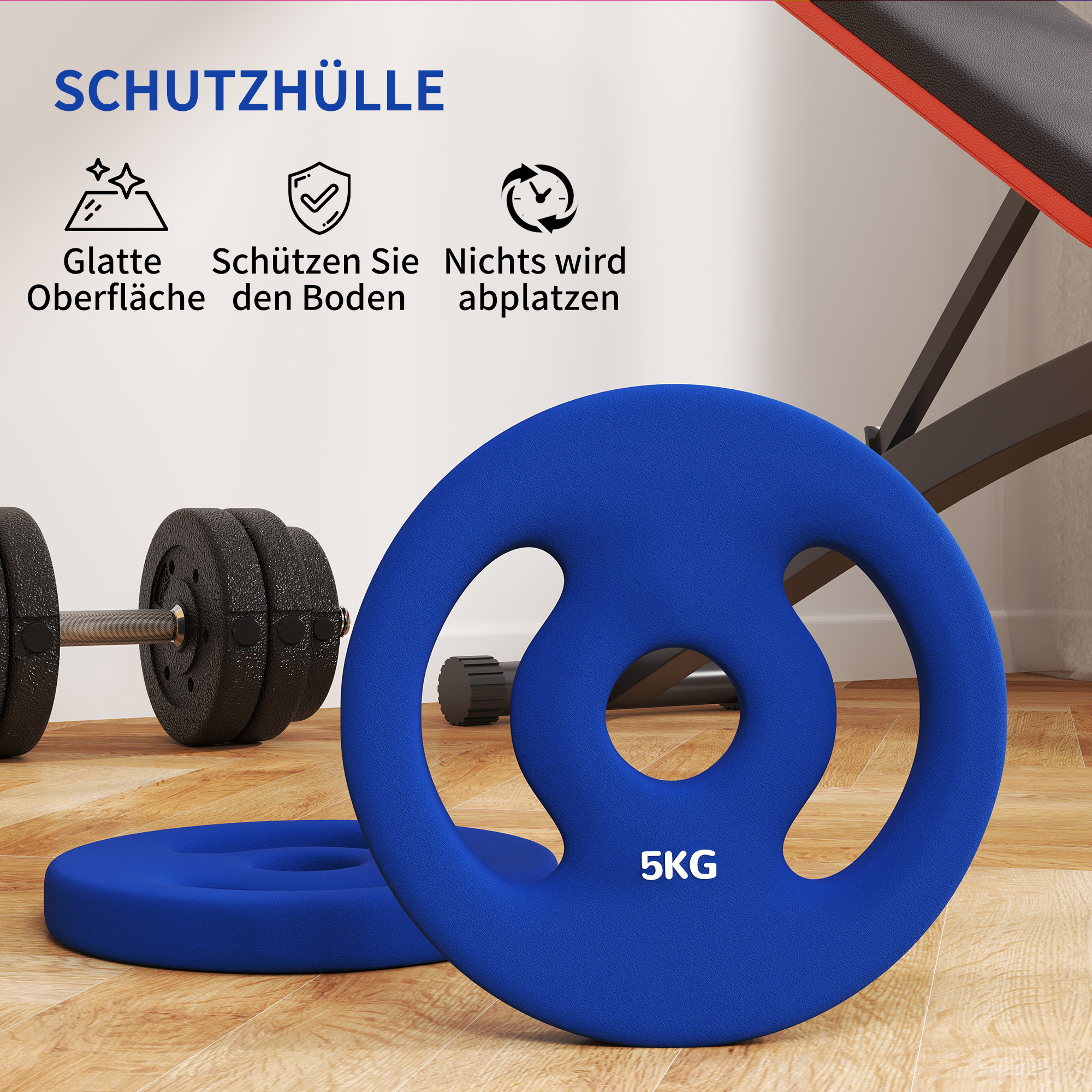 2 x 5 kg Gewichtsplatten mit praktischen Handgriffen, Gewichts-Set für Home-Gym, Fitnessstudio, Stärke-Training, Blau