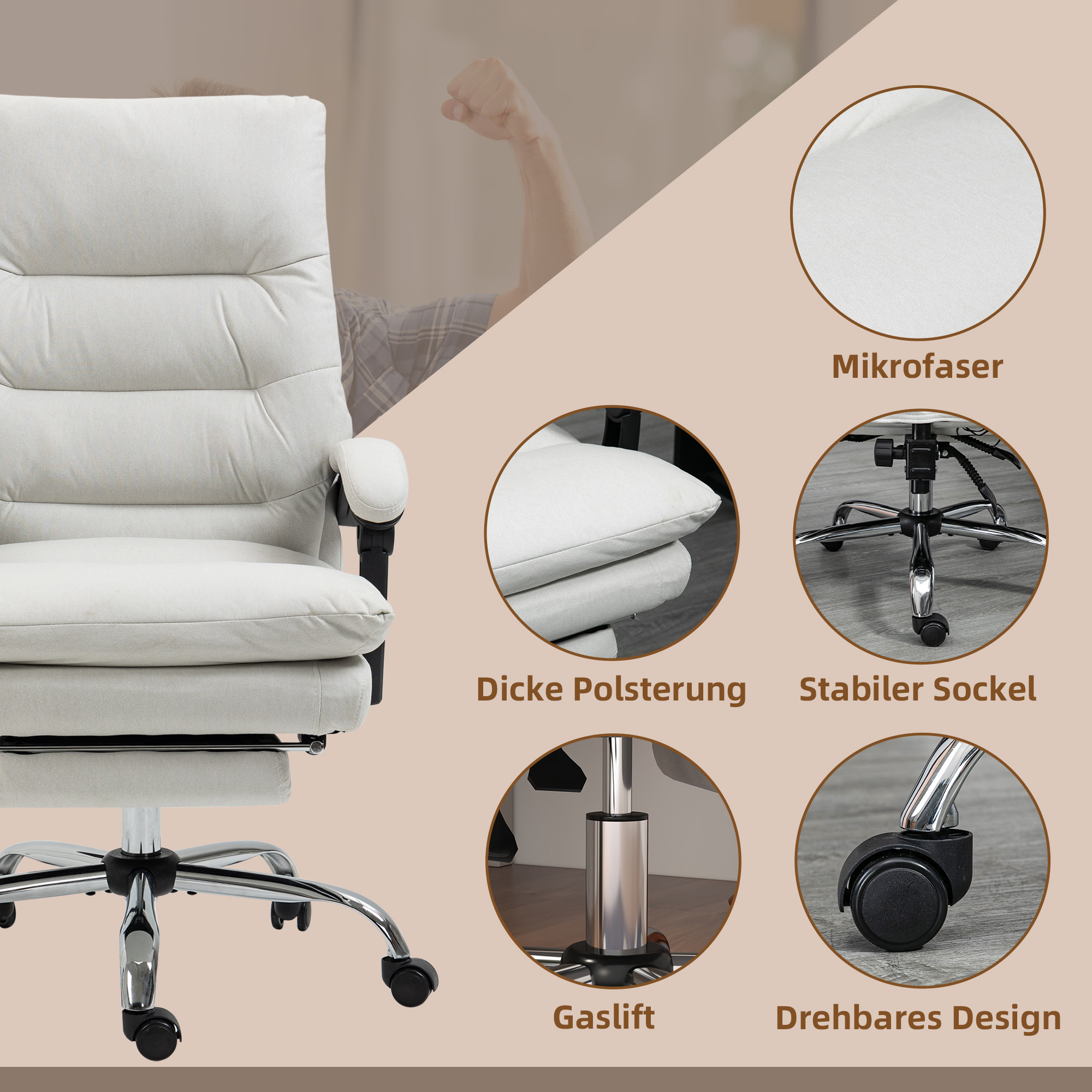 Bürostuhl mit Massagefunktion, beheizbar, neigbar, Kunstleder, 65x72x109-117cm, Cremeweiß