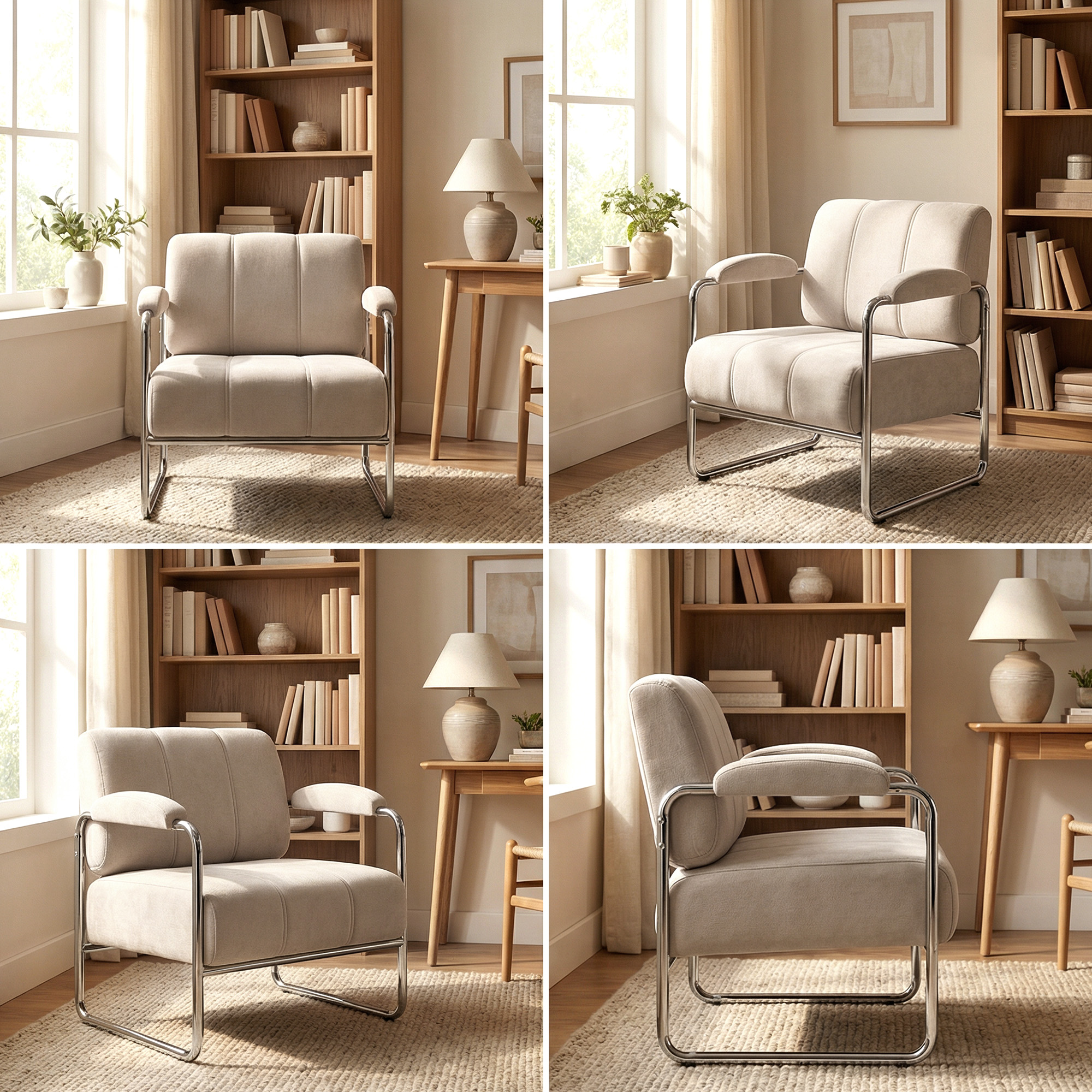 Moderner Sessel, Akzentstuhl mit breitem Sitz und dicker Polsterung, Chenille-Polsterstuhl fürs Wohnzimmer, Beige