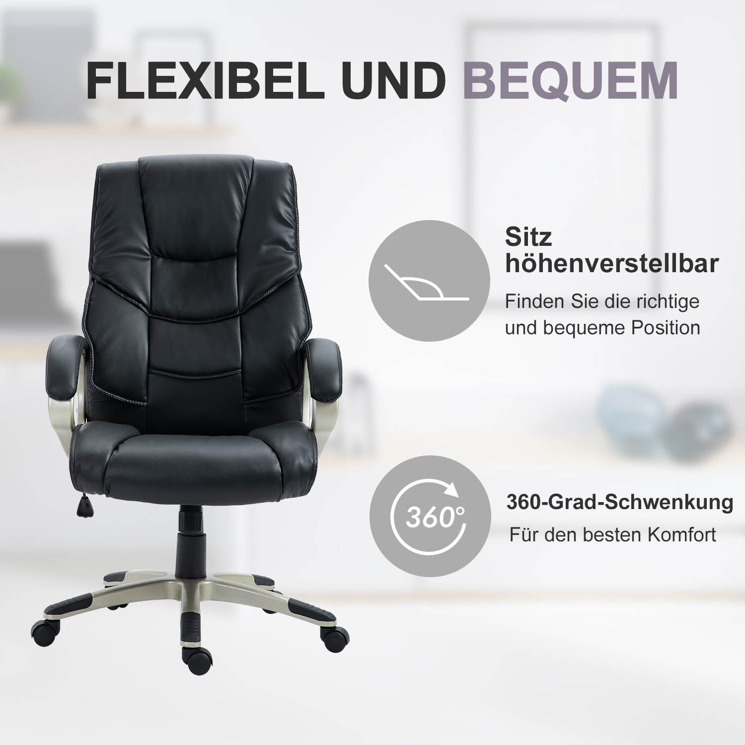 Bürosessel Chefsessel mit Wippfunktion Bürostuhl Schreibtischstuhl Ergonomischer Drehstuhl Sportsitz Hoher Rückenlehne Schwarz Kunsterleder Metall 70 x 58 x 114–124 cm