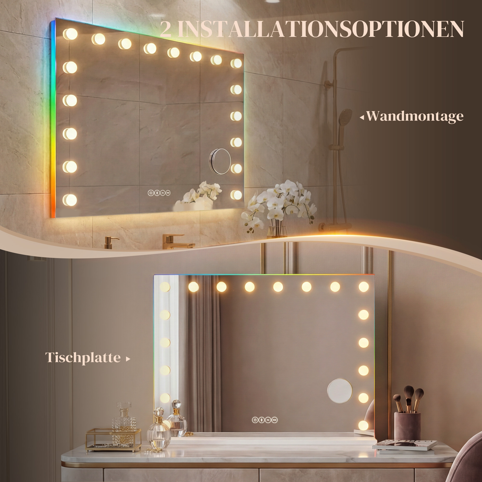 Hollywood Schminkspiegel mit 18 dimmbaren LED-Lampen, 3 Farben, RGB-Licht, Bluetooth-Lautsprecher, 10x Vergrößerung Weiß