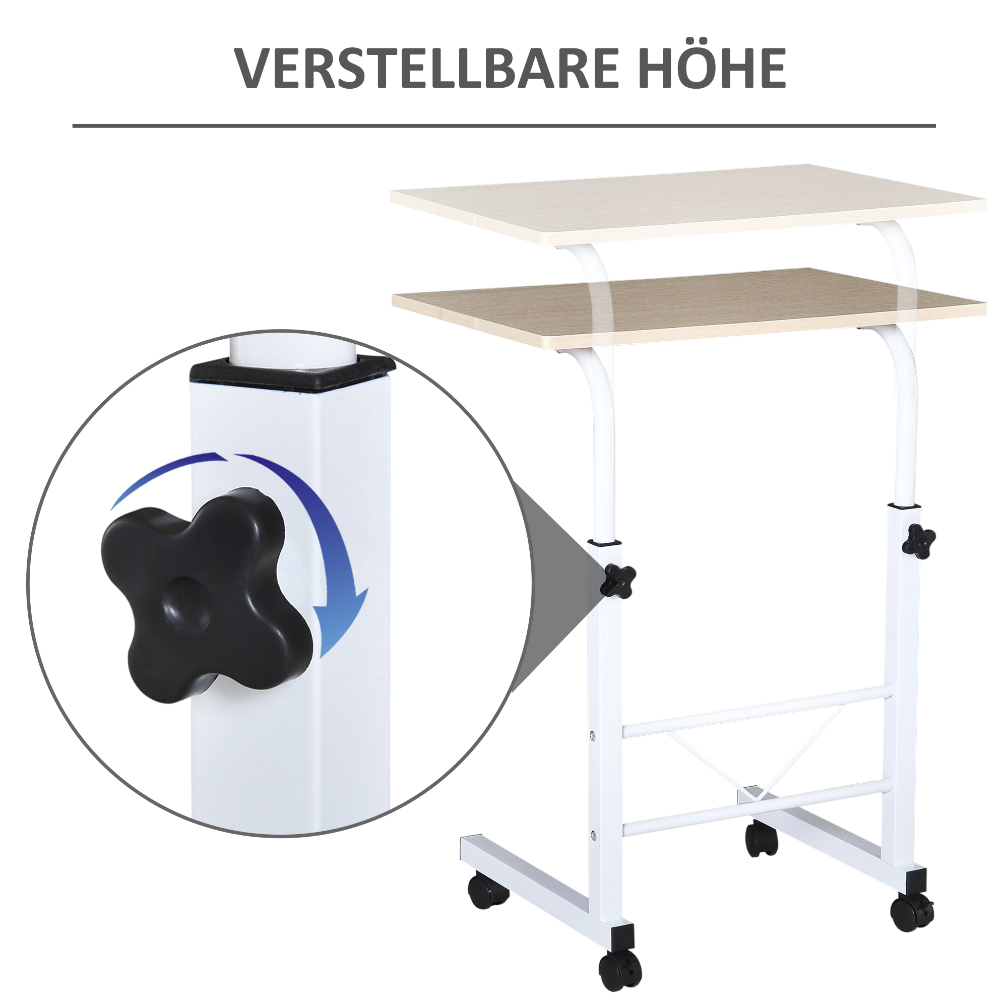 Beistelltisch höhenverstellbarer Couchtisch mobiler Endschreibtisch mit Rädern Feststellbremsen C-Tische Spanplatte Stahl Eisen Kunststoff Weiße Ahornfarbe 60 x 40 x 68-78 cm