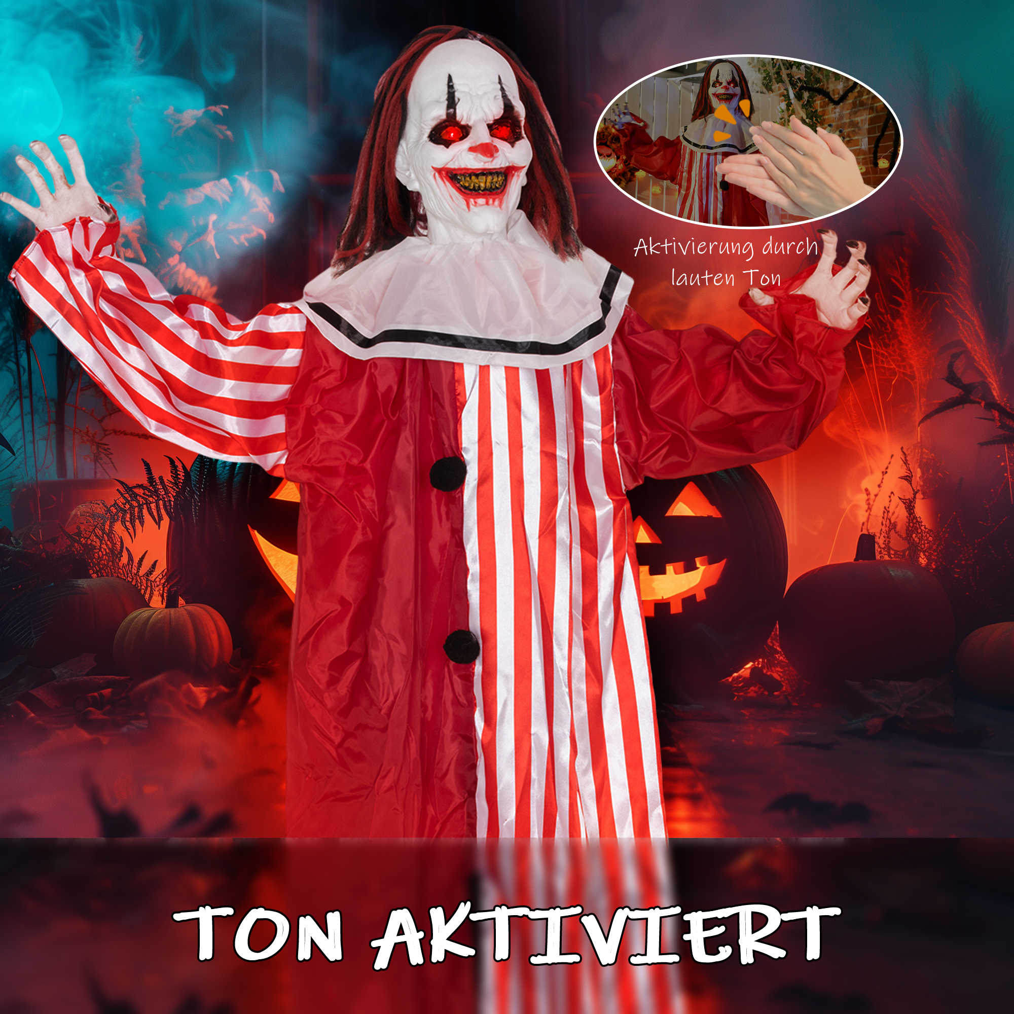 165 cm Halloween Dekoration Halloween Clown mit LED-Lichter, Soundfunktion Körper-Effekt
