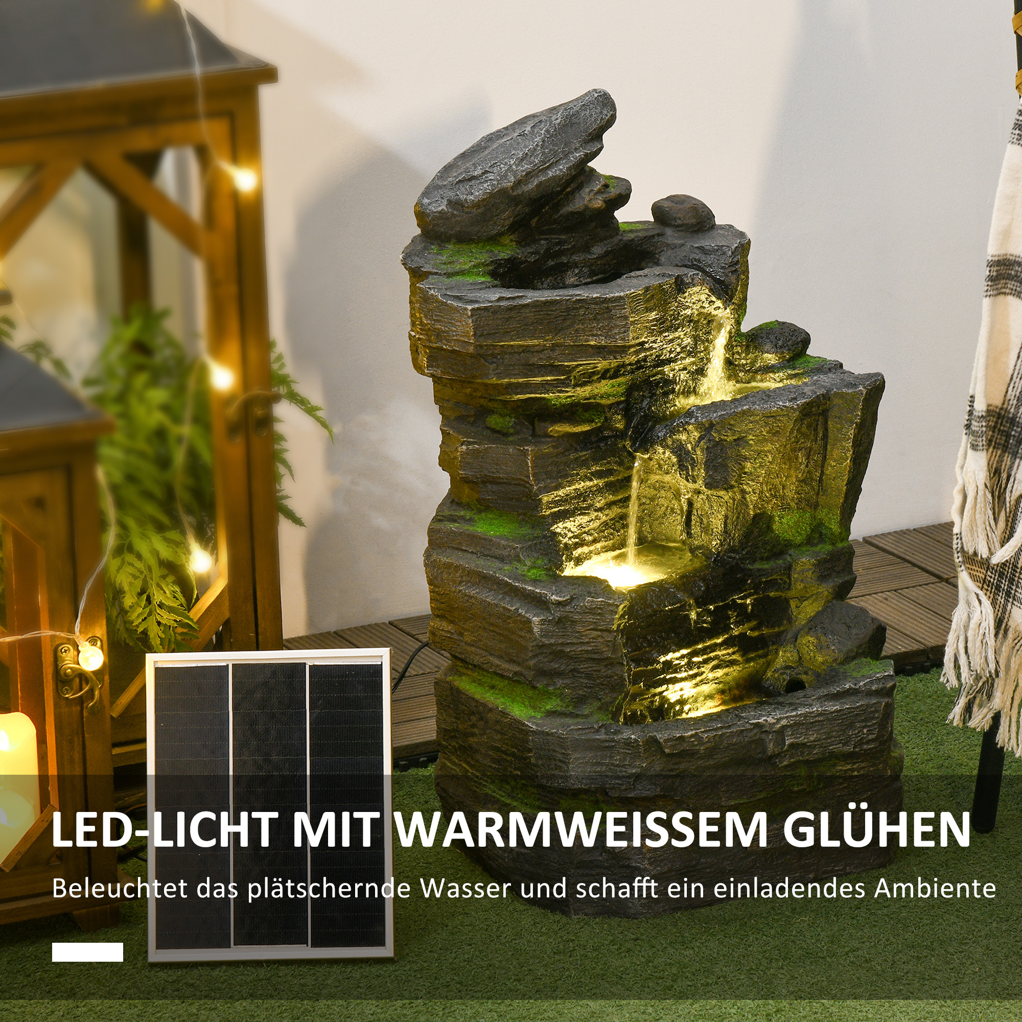 Gartenbrunnen, Steinoptik, 4-stufig, Solarbetrieb, LEDs, 57cm Höhe, Kunstharz, Grau/Braun