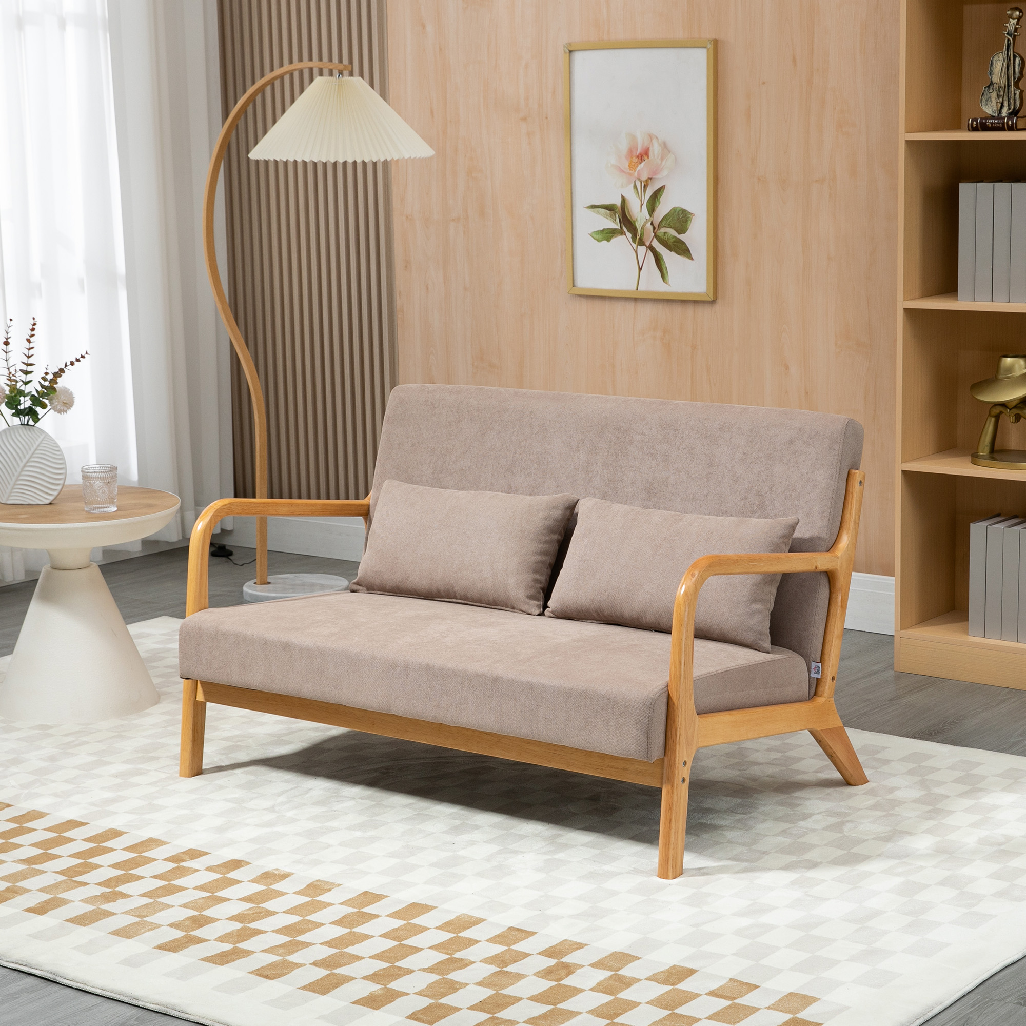 2-er Sofa, 2-Sitzer, kleines Sofa, Retrodesign, 2 Kissen, Kautschukholz, Braun + Natur